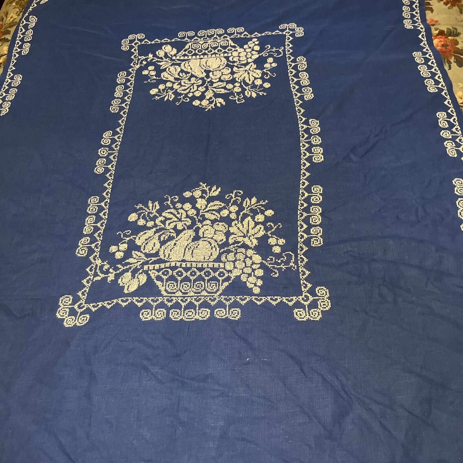 Vintage Cross Stitch Linen Tablecloth fruit blue white Folk Art 48 x 63