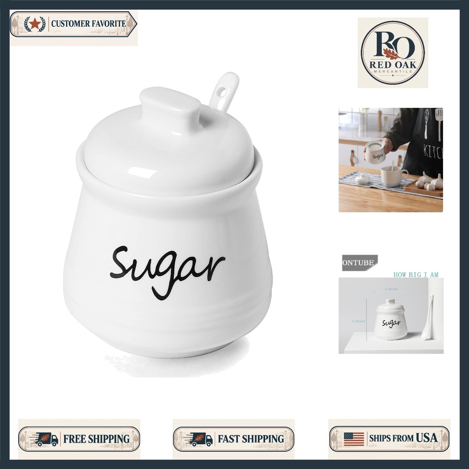Ceramic Sugar Bowl with Lid Spoon 12oz White Farmhouse Porcelain Dishwasher Safe