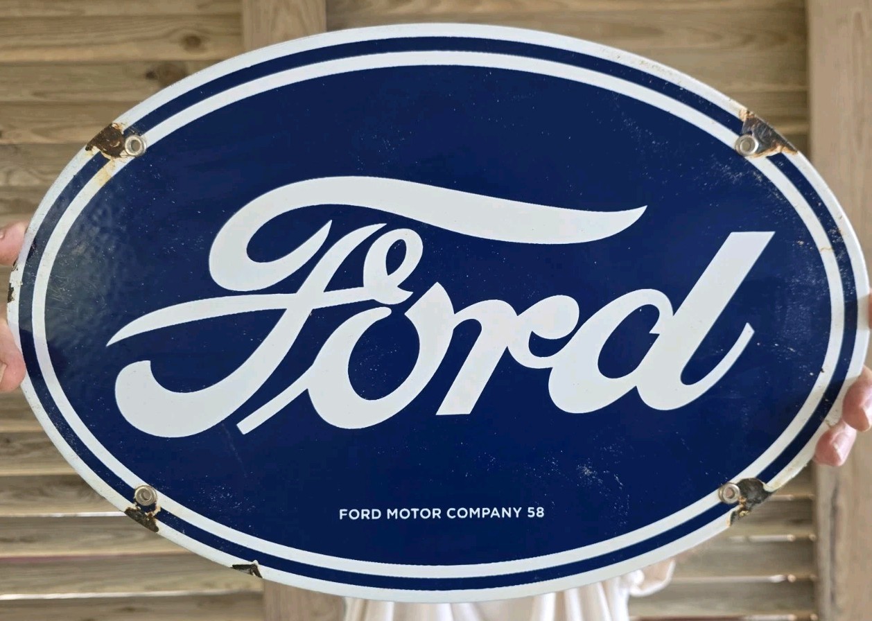 VINTAGE 1958 LARGE FORD PORCELAIN SIGN 16.5 VINTAGE 1958 LARGE FORD PORCELAIN SIGN 16.5