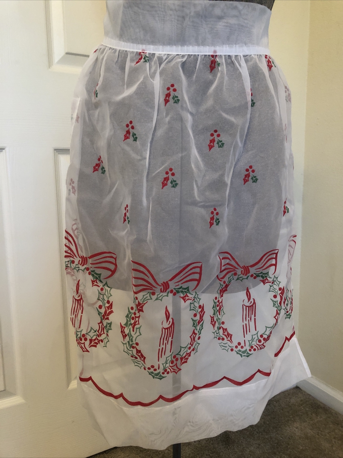Adorable 1960s Vintage Red & Green Organdy Velvet Flocked Christmas Half Apron