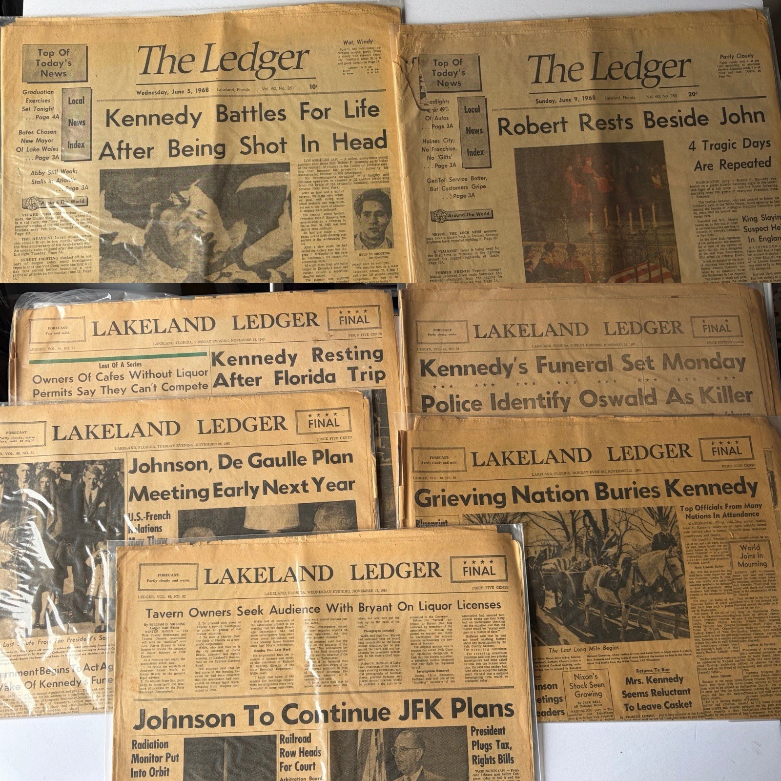 1963 1968 Kennedy Assassination Newspapers Lot JFK & RFK 7 Original Vintage Lot