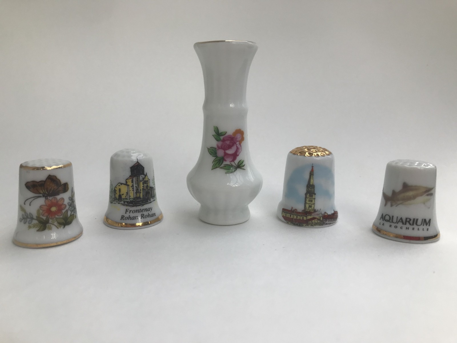 Vintage French Porcelain Thimbles Lot 4pc & Miniature 7cm Vase La Rochelle Rose