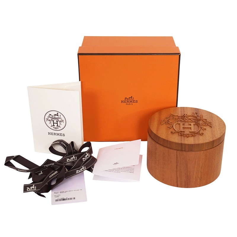 NEW HERMES Mahogany Wooden Box EX-LIBRIS H LOGO Carved TWILLY BOX D5in×H3in NIB