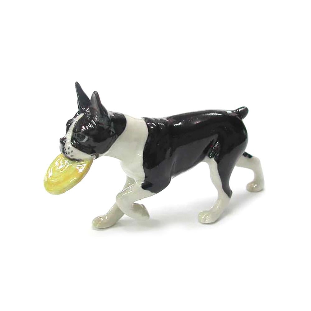 Northern Rose Dog - Boston Terrier with Frisbee - Miniature Porcelain Figurine