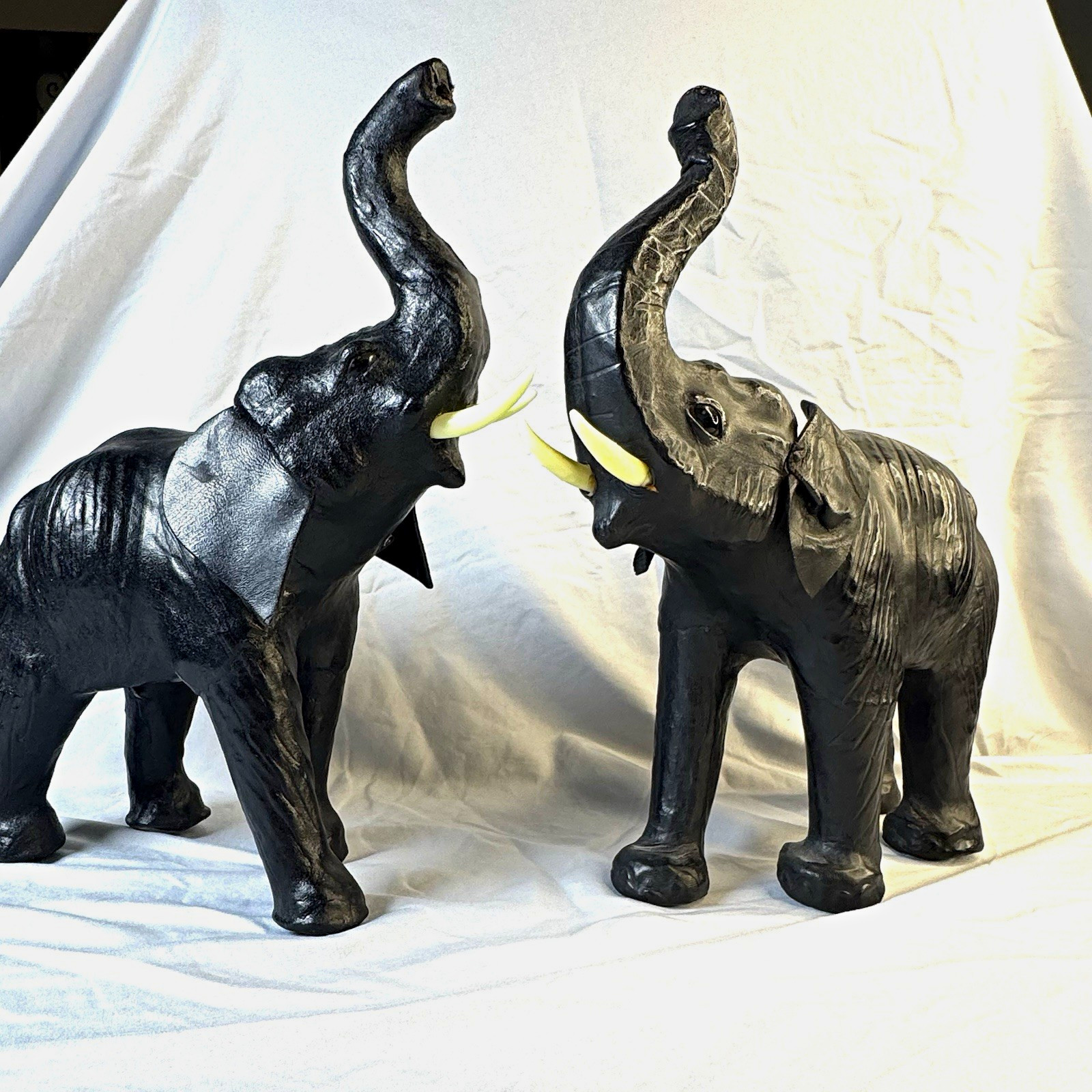 Vintage Black Leather Wrapped Elephant Statues Pair Mid Century Modern Trunk Up