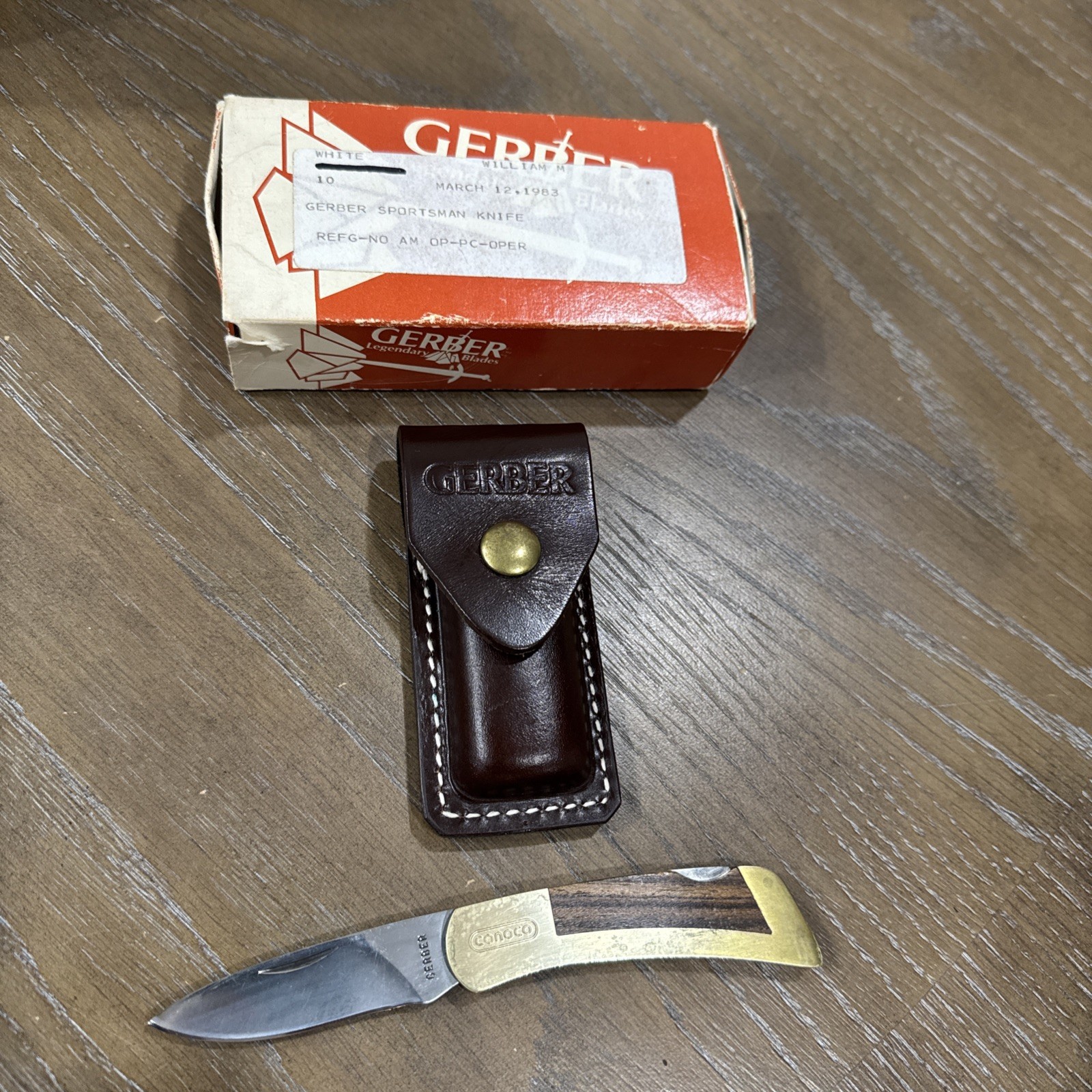 Vintage Gerber Sportsman 1 Folding Lockback Knife Wood Brass w/ Leather Sheath