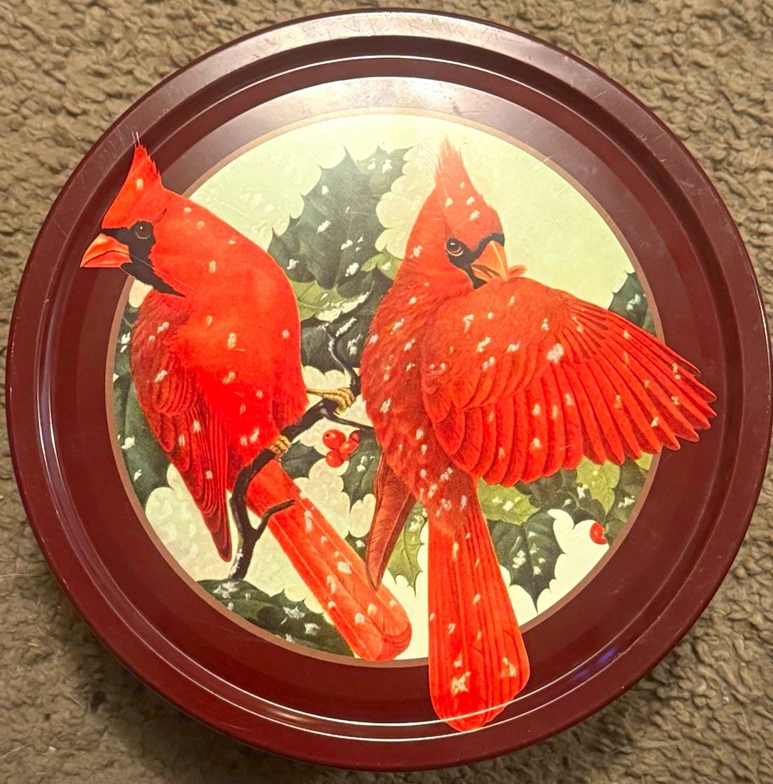 Round Metal Tin Printed Cardinal Bird Design Red Brown Green White