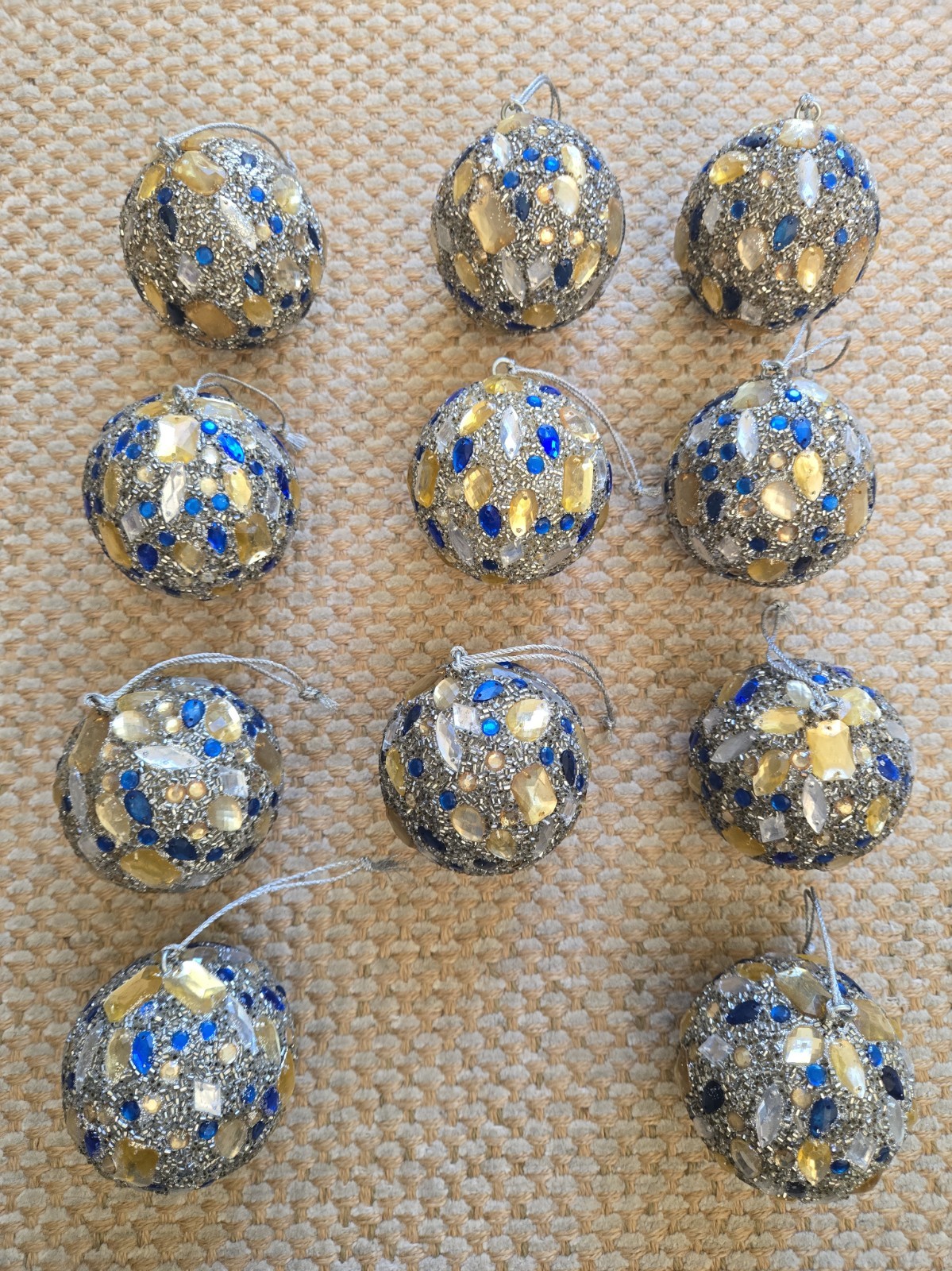 Lot of 11 Pier 1 Imports 3” Glass Mosaic Christmas Ornaments Blue Silver Gold
