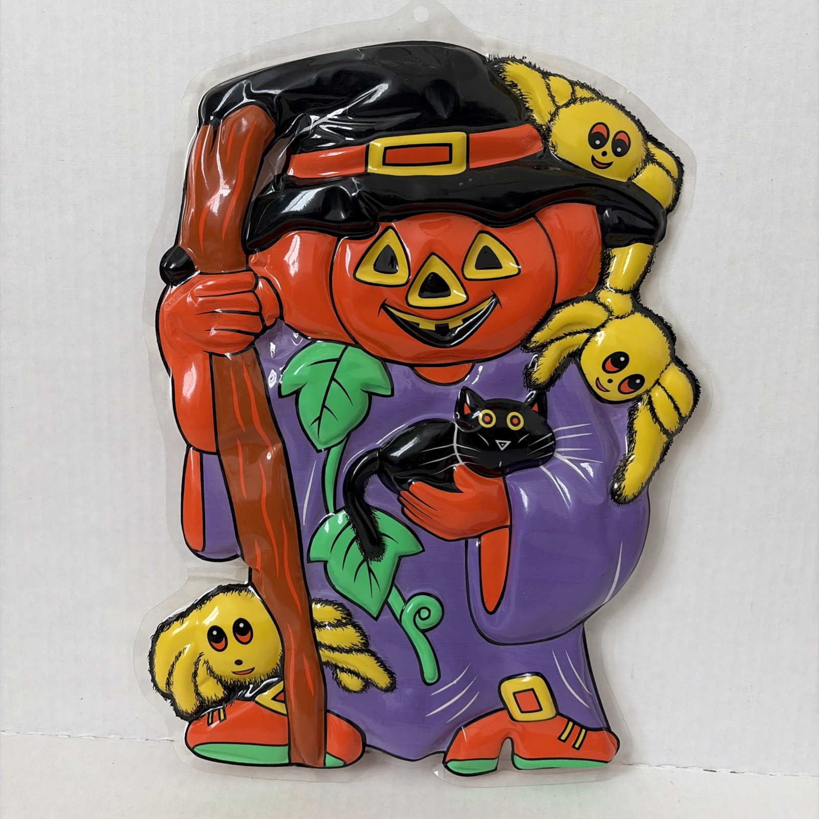 Vintage Plastic 3D Pumpkin Cat Vacuform Halloween Wall Hanging Decor Glow 
