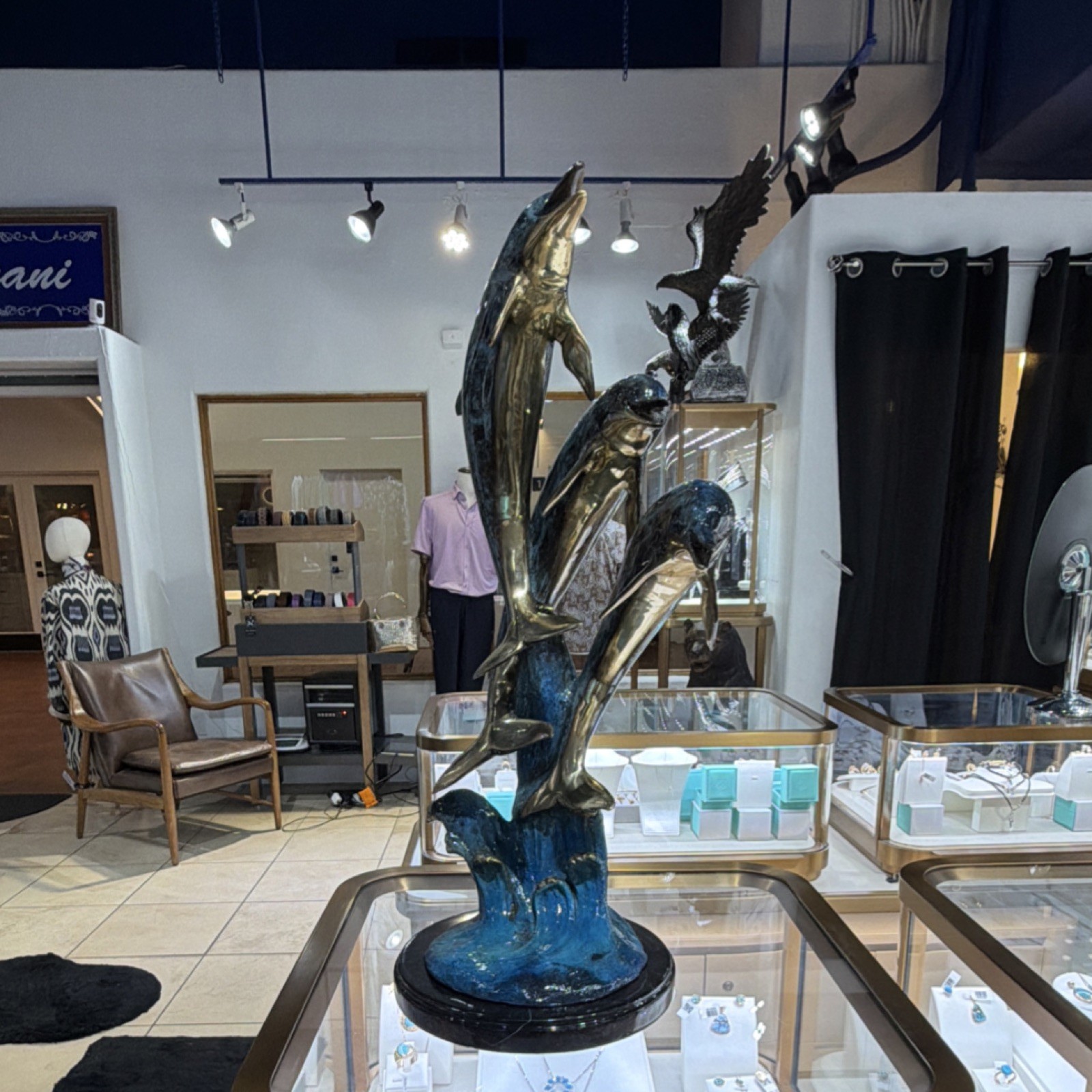 Large Bronze Dolphin Sculpture Figurine with Wave Base Decorative