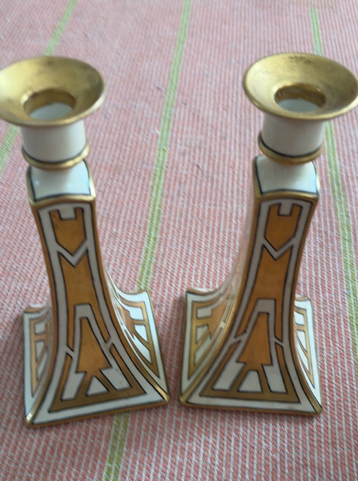 Pair B&Co Grace G Harter Candlesticks France Gold Handpainted Art Deco Antique