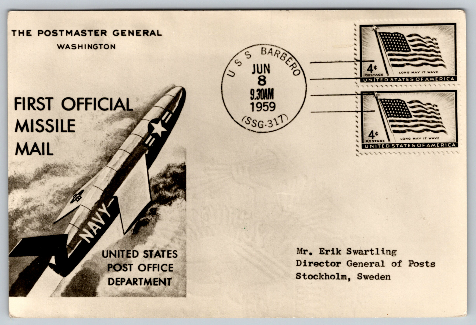 Flown First official missile mail - USS BARBERO 1959 Repro Vintage Postcard