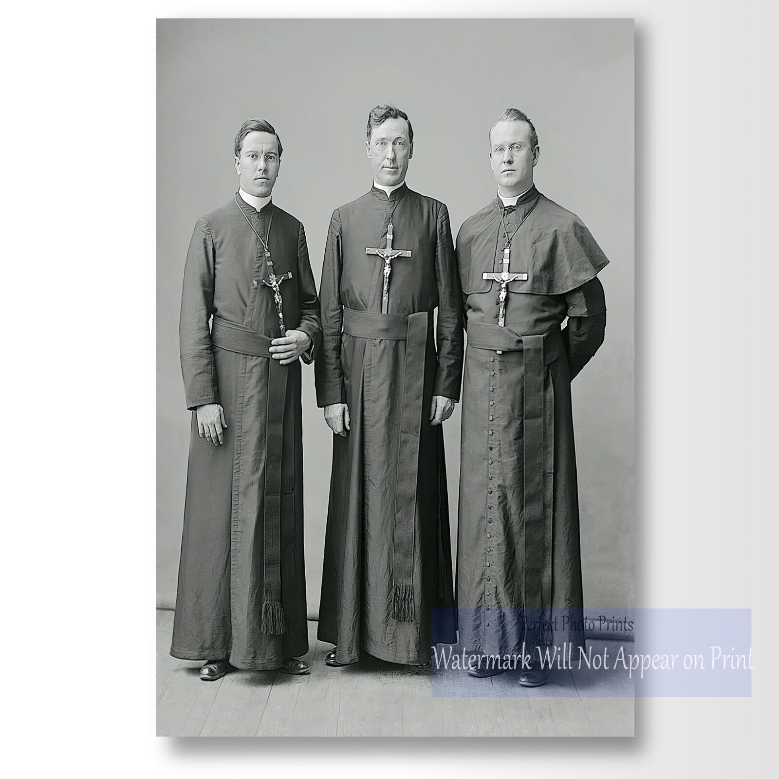 Antique Photo Print – Three Priests in Robes with Crucifixes, Vintage Religious