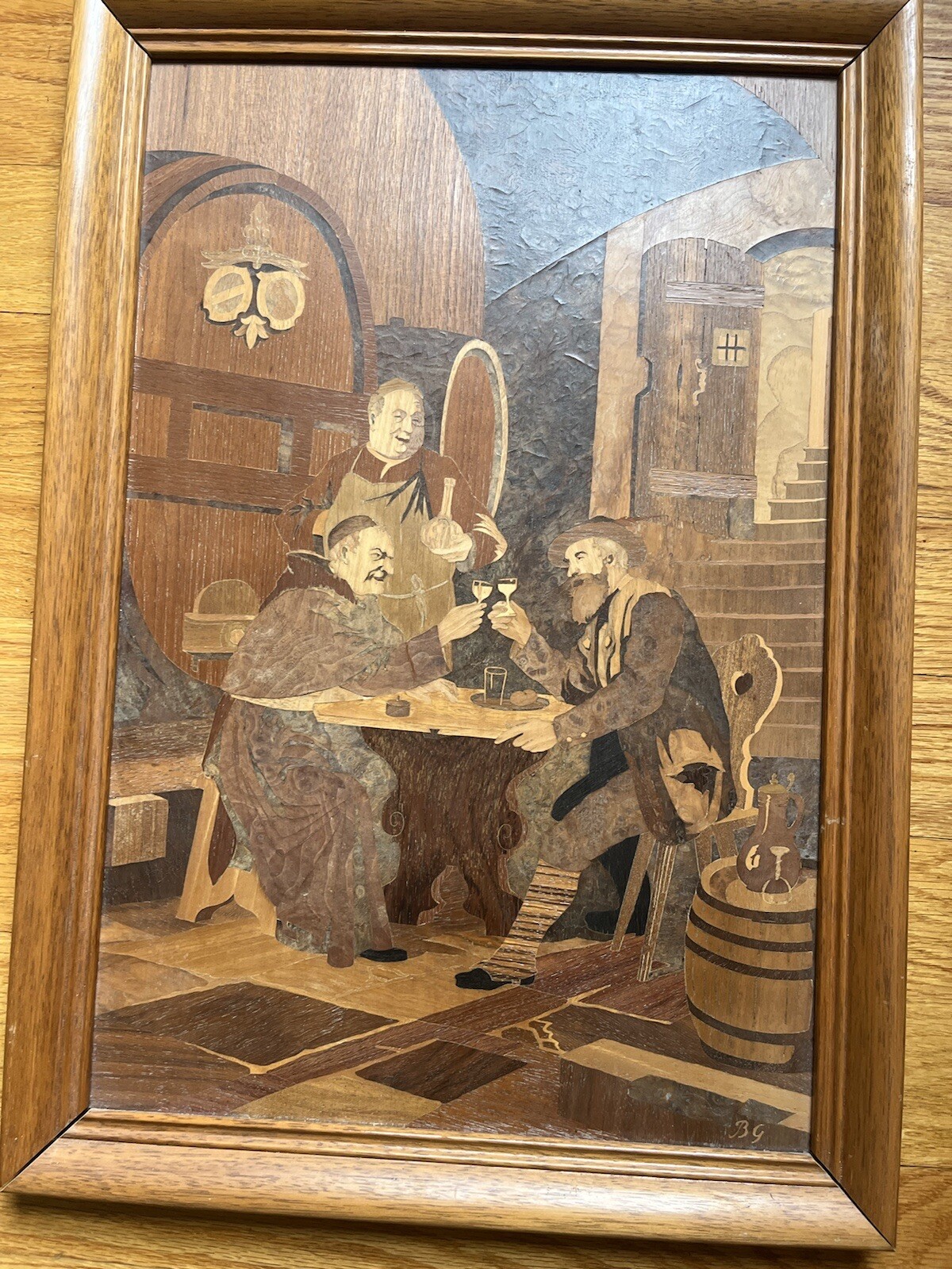 Large Buchschmid & Gretaux German Wood Marquetry Inlay “Fast Friends”  24”x 17”