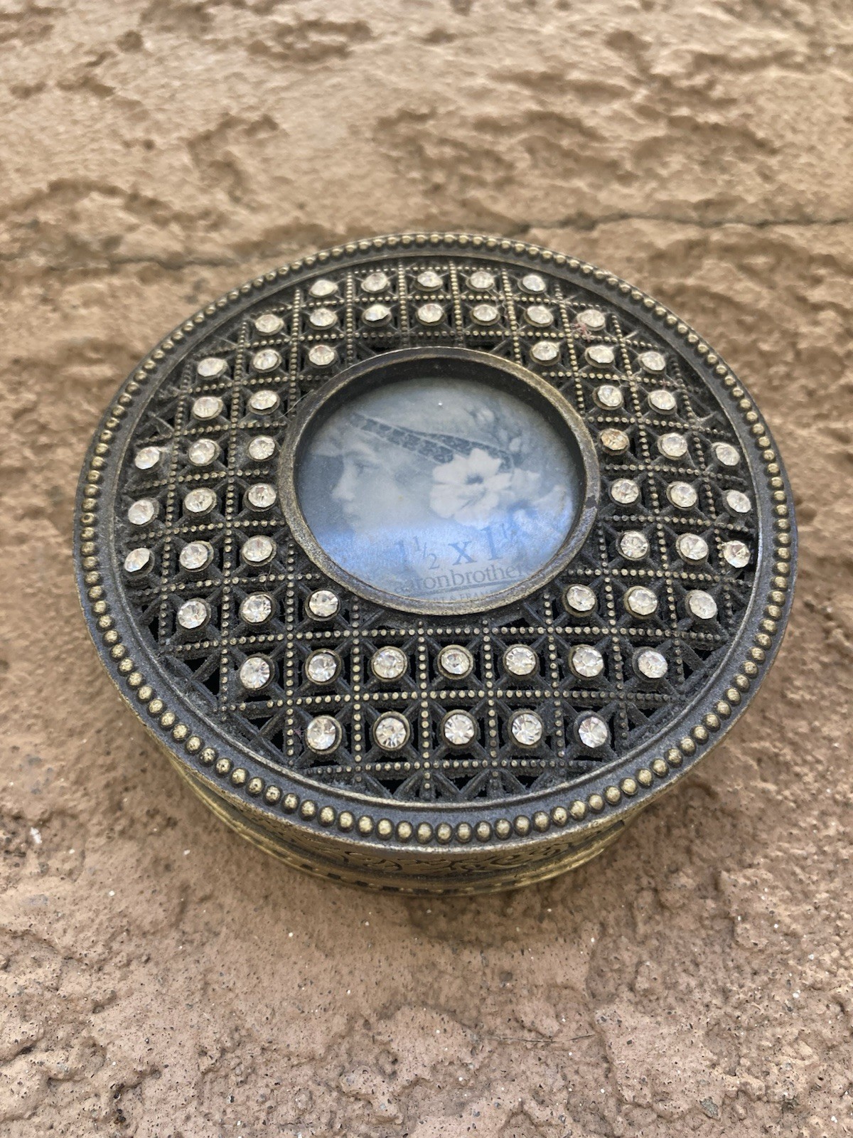 Vintage Style Engraved Brass RHINESTONE Jewelry Trinket Box with Photo Insert