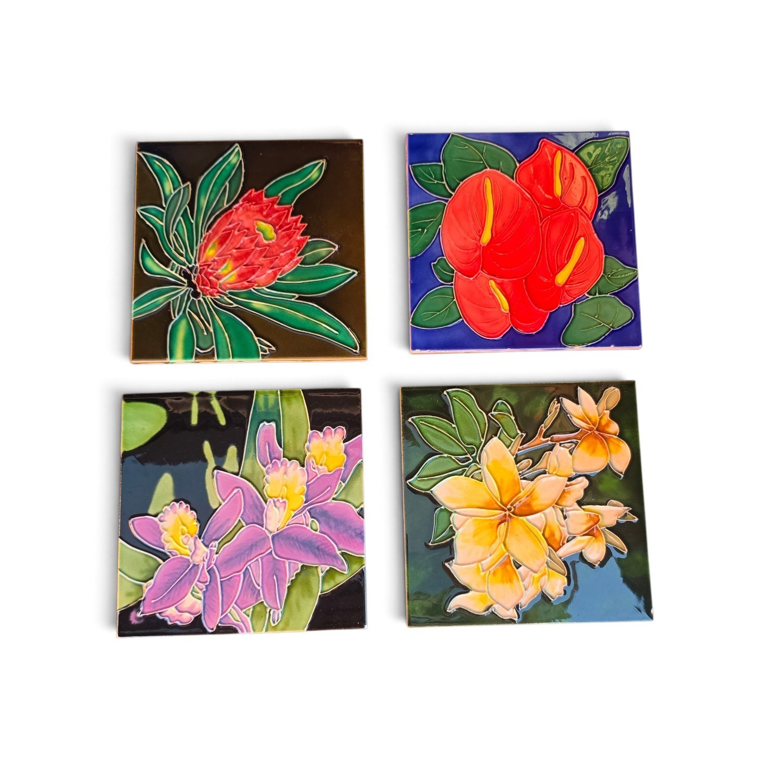 Set of 4 Vintage Raised Relief Ceramic Tropical Flower Tiles - Protea Anthurium