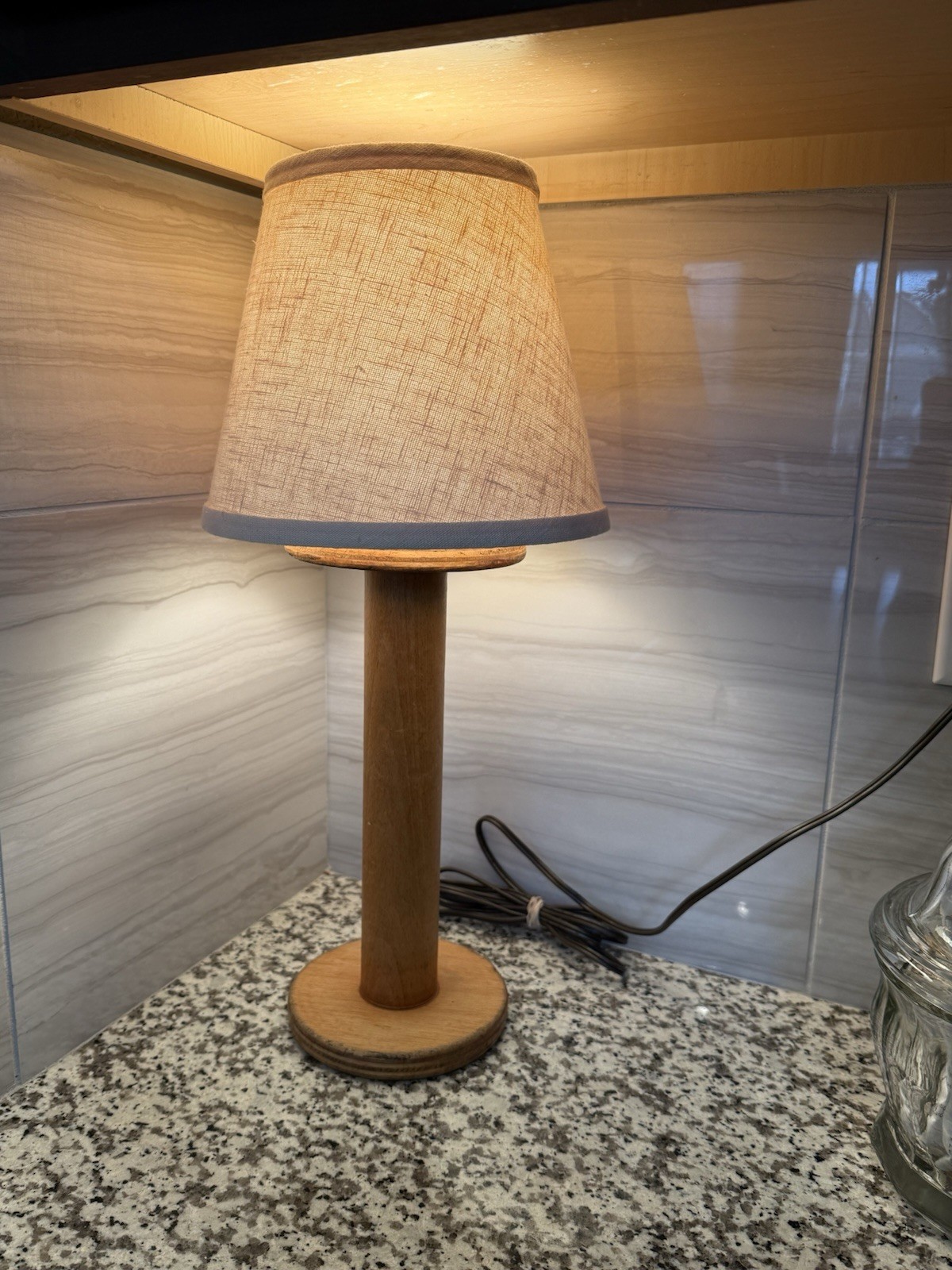 Antique 18.5” Tall English Yarn Spool Lamp With Shade WORKS Antique 18.5” Tall English Yarn Spool Lamp With Shade WORKS