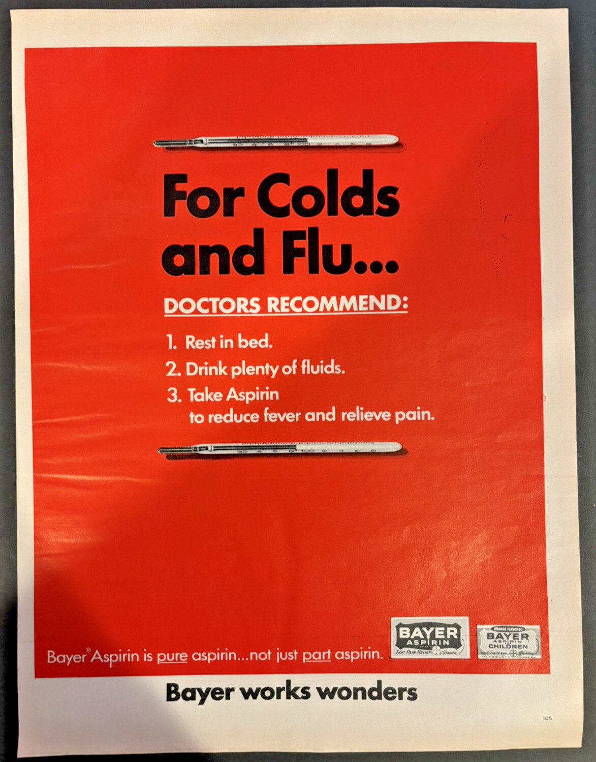 Vtg 1960s AD, Bayer Aspirin for Colds and Flu, Bayer works Wonders