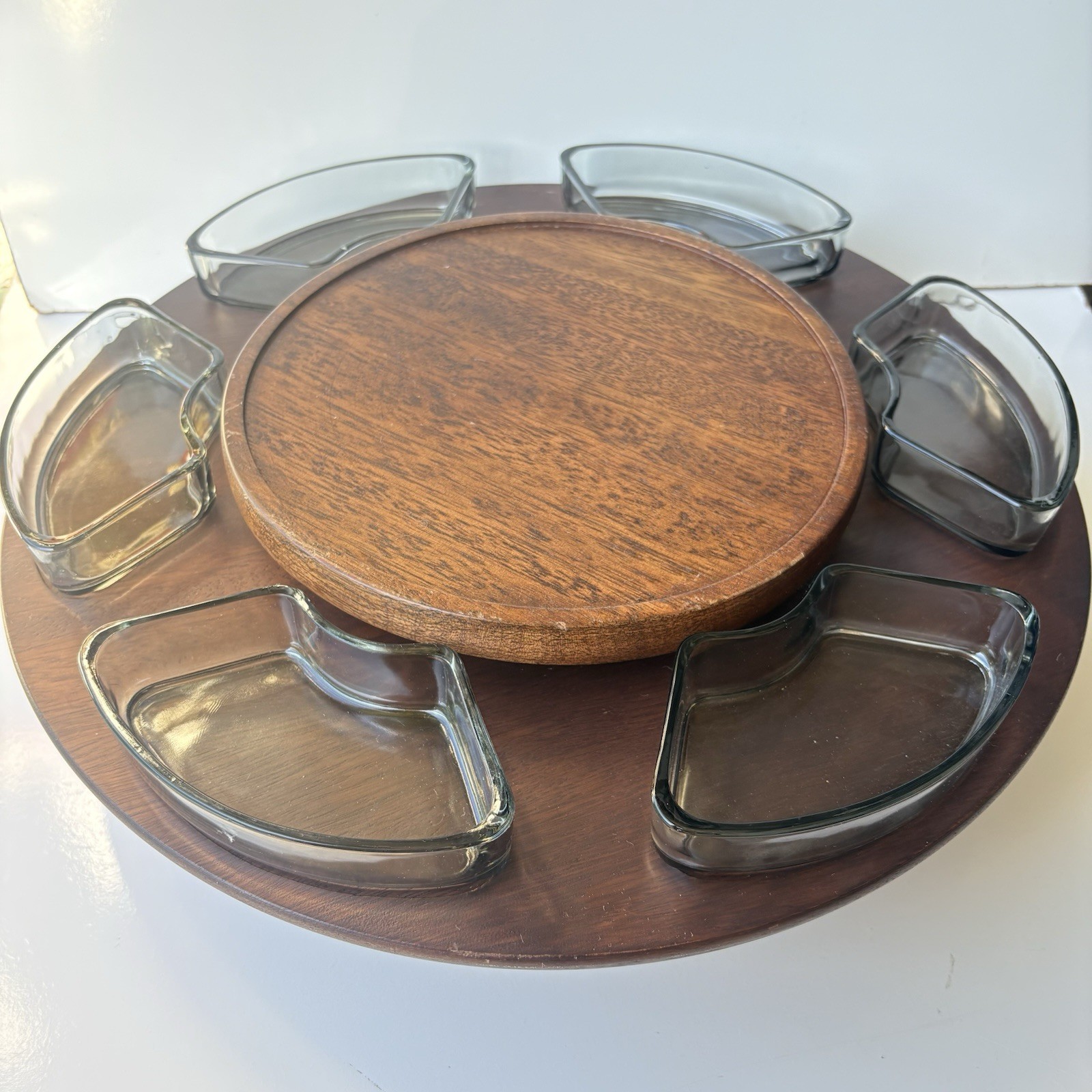 VTG Danish Digsmed Teak Lazy Susan Appetizer Serving Tray Glass Inserts Japan