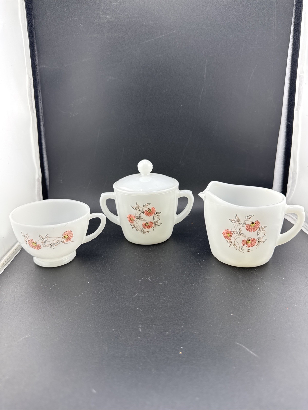 Vintage Anchor Hocking Fire King Fleurette Pattern Cup, & Sugar and Creamer Set