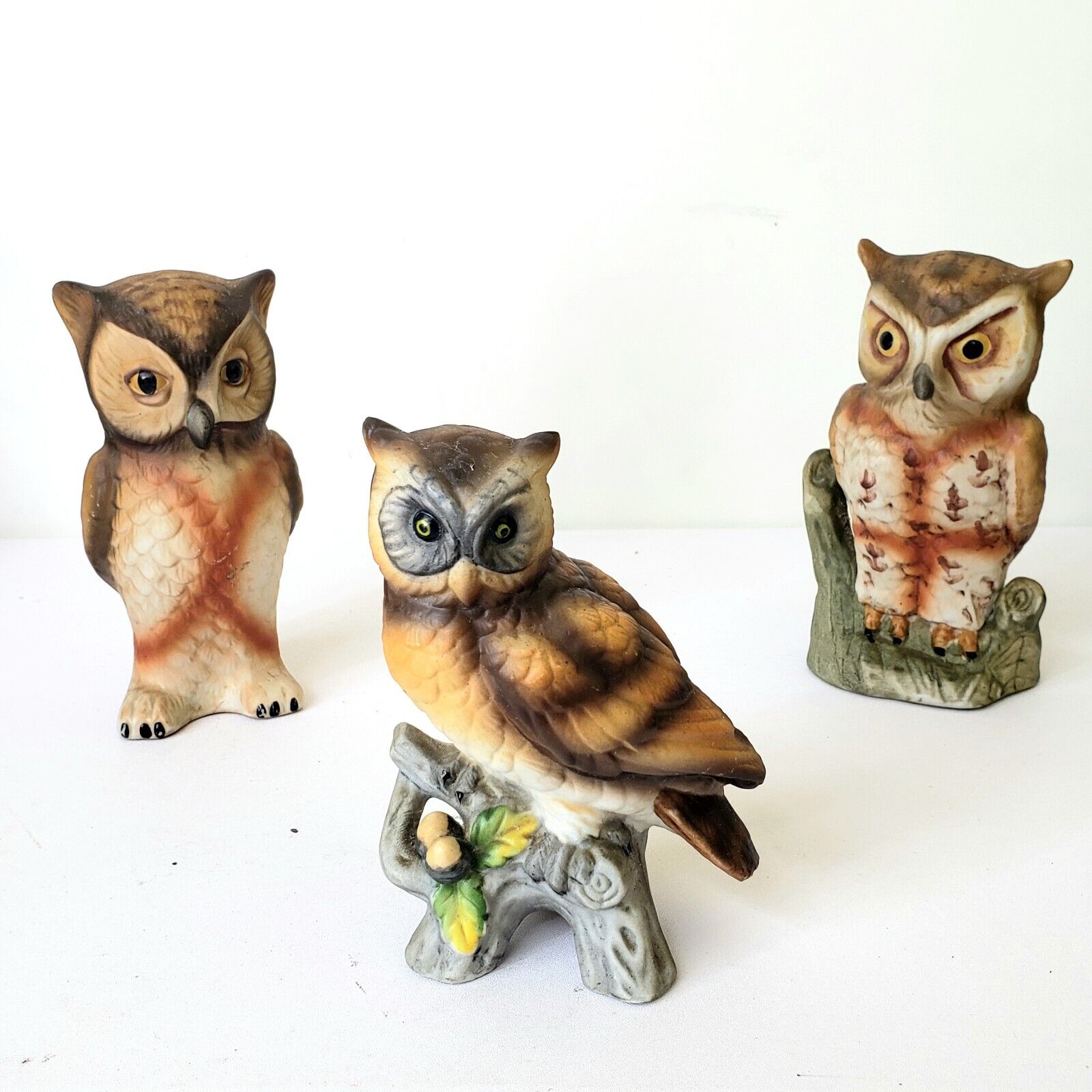 Set of 3 Vintage Porcelain Owl Figurine on Branch With Acorn, Leaves and more. 