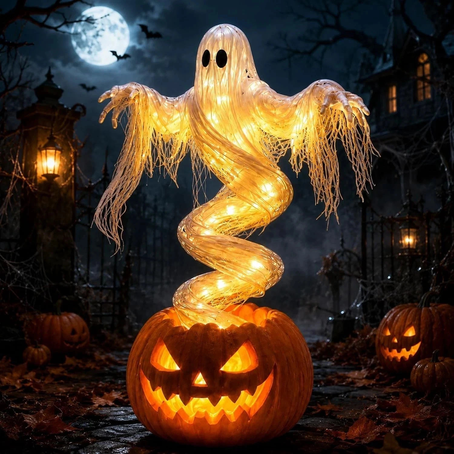 Swirling Ghost PumpkinYard Lamp,Led Halloween GardenFloor Light,Illuminated20cm