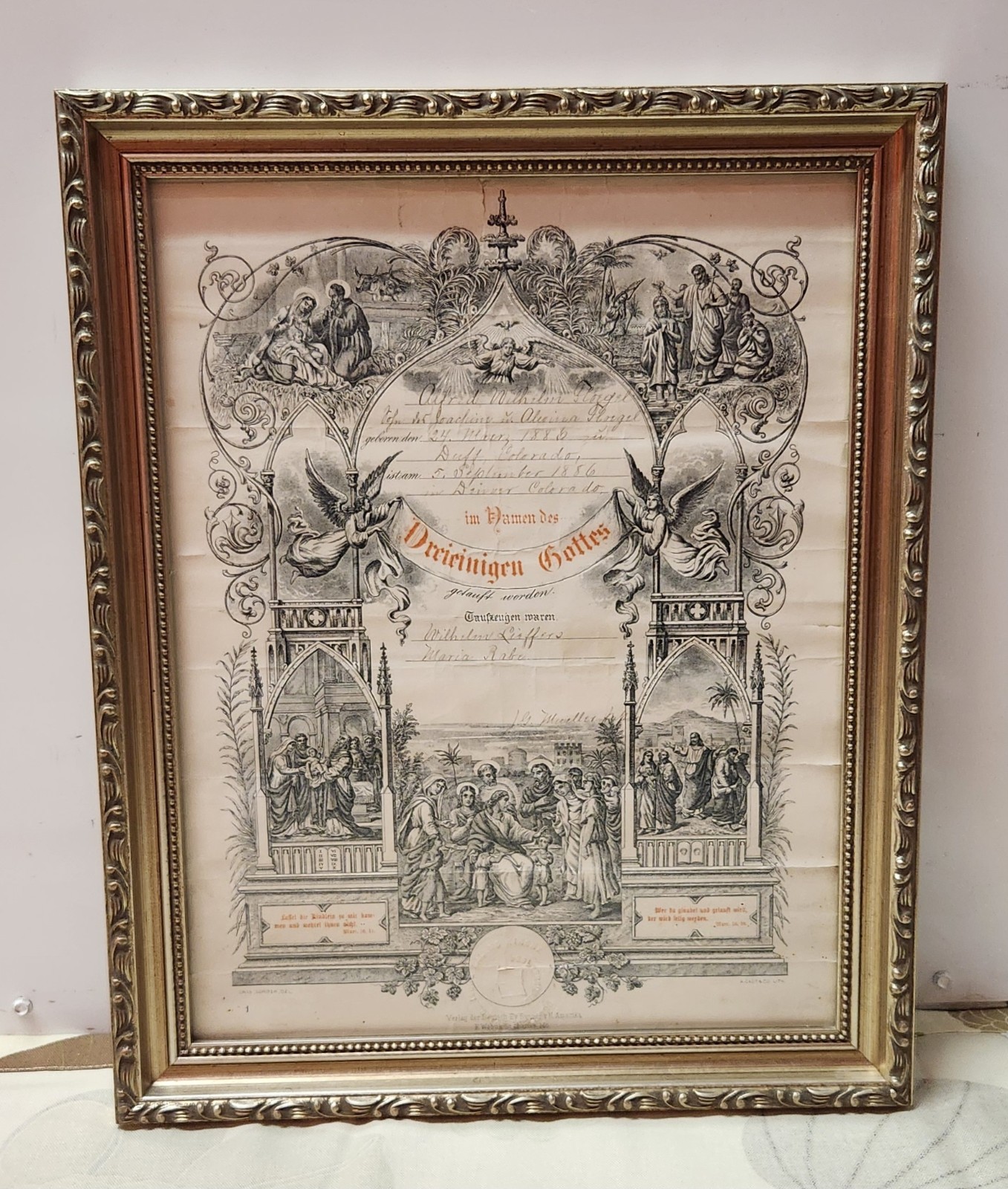 Antique 1886 German Baptism Certificate Framed 16\
