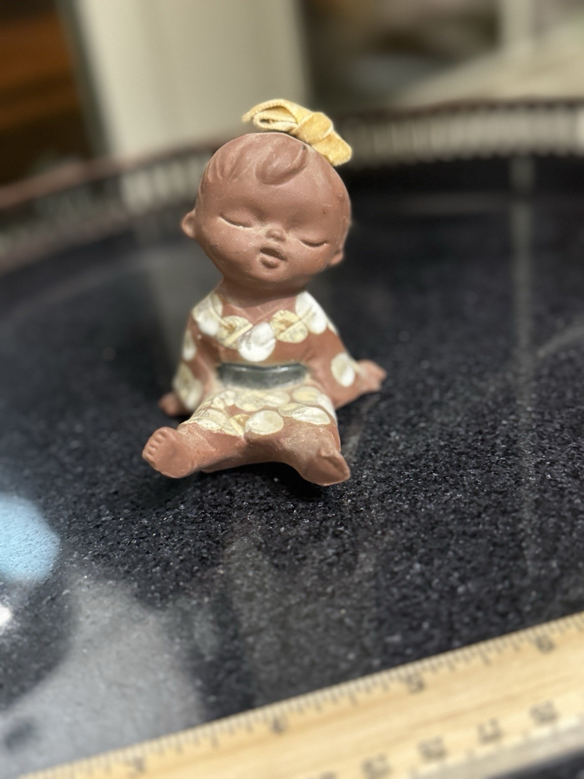 Vintage Japanese Seto Craft Terracotta Clay Girl Figurine Polka Dot Kimono MCM