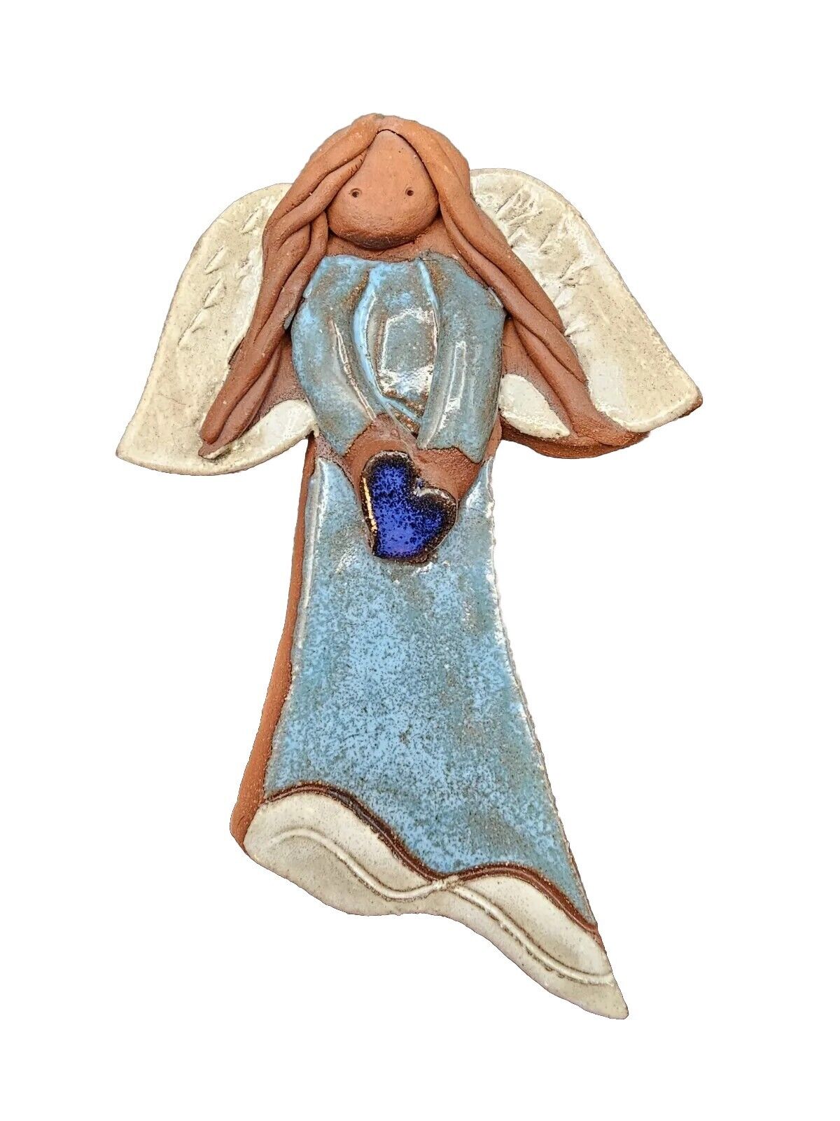 Redware Clay Pottery Angel Holding Blue Heart Glazed Hanging Wall Art Plaque 6.5
