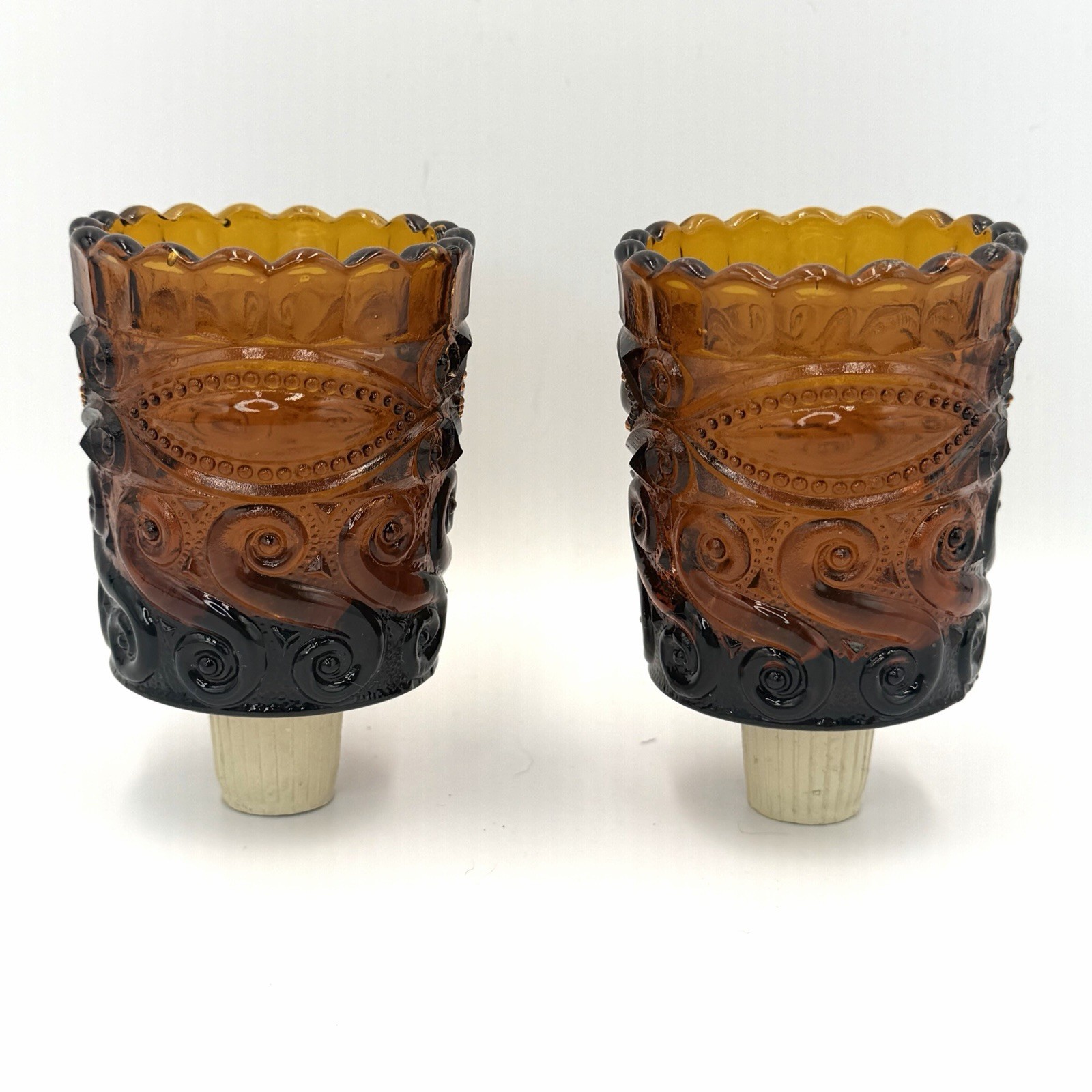 RARE VTG 50s LE Smith Amber Glass Peg Votive Candle Holder Eye Unique Granny