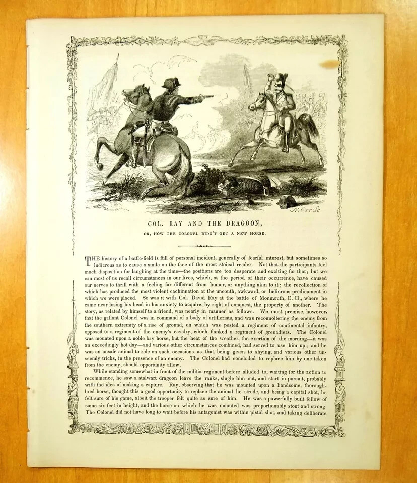 COL. DAVID RAY AND DRAGOON BATTLE OF MONMOUTH NJ American Revolution 1856 Print