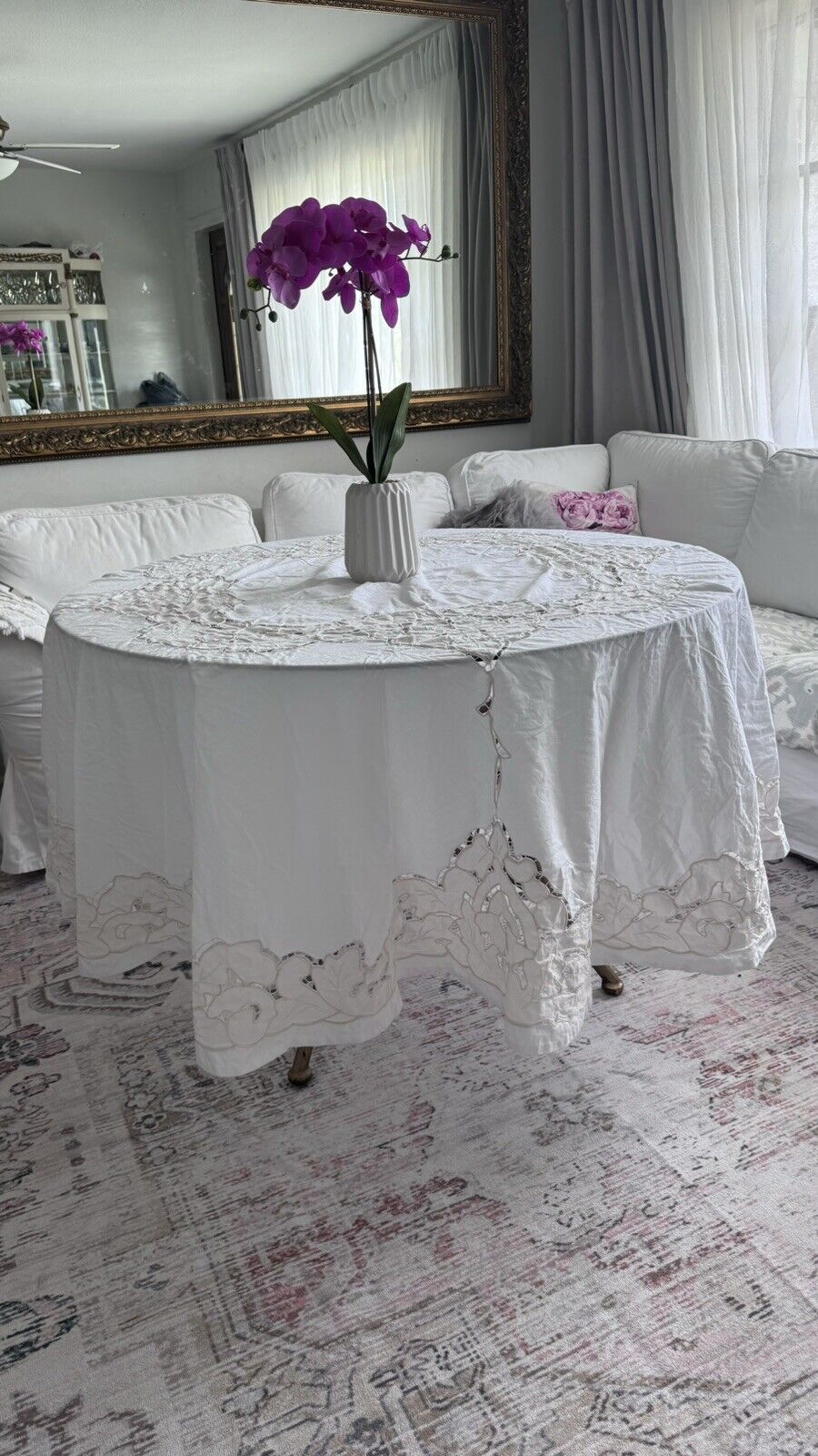 Vintage White Round Tablecloth Lace Cutout 84” Round Cotton 