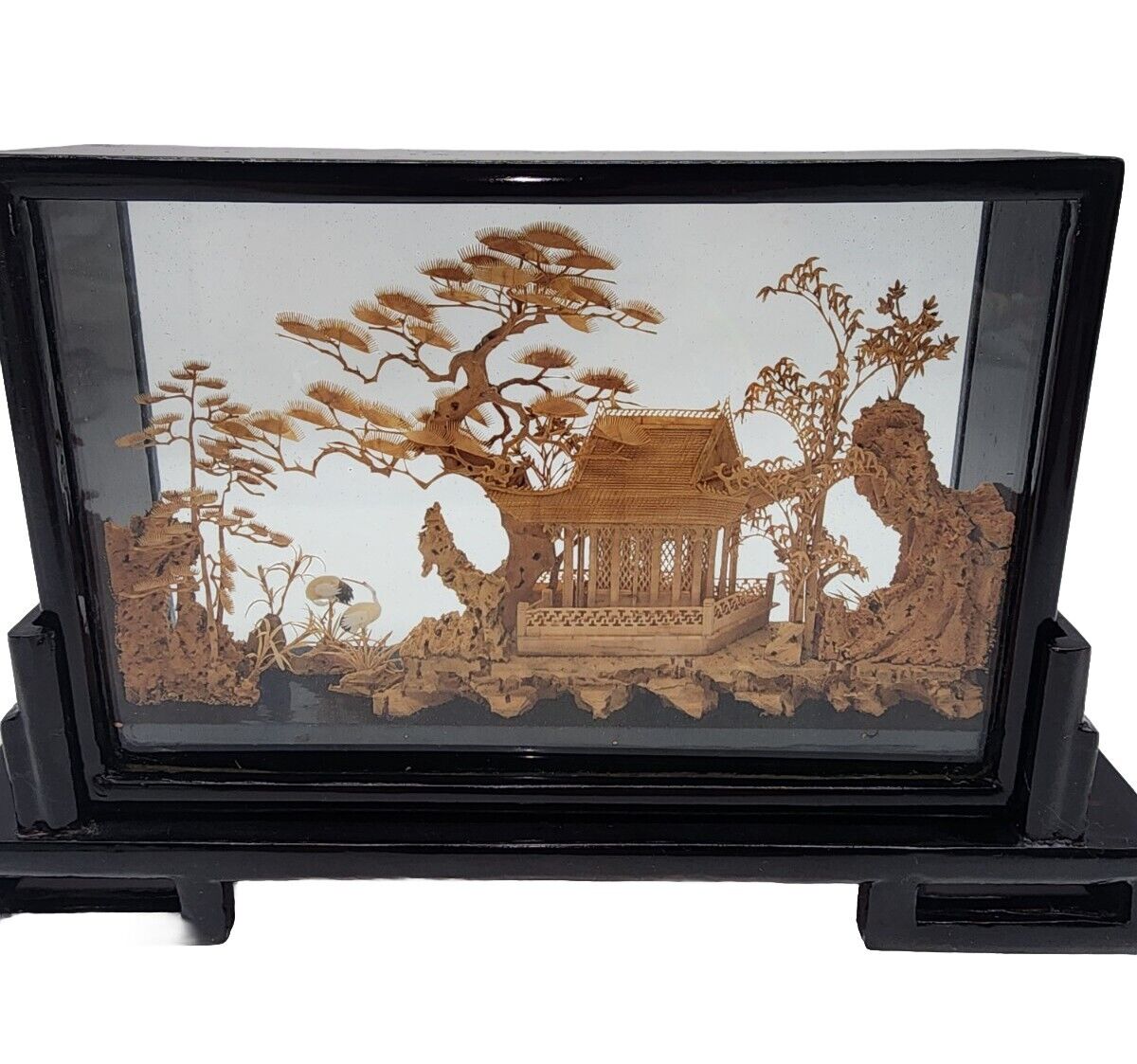 Vtg Chinese Cork Carving 3D Diorama Black Lacquer Wood Frame Encased In Glass