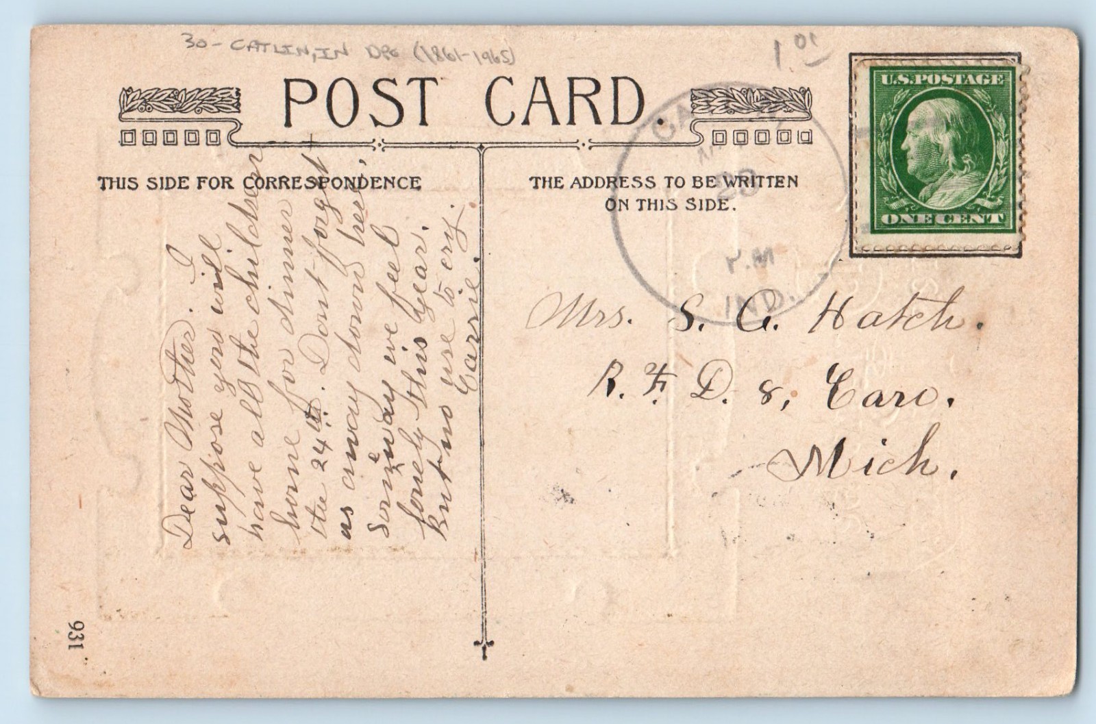 c1910\'s Bright Be Life\'s Pathway Catlin IN DPO (1861-1965) Antique Postcard