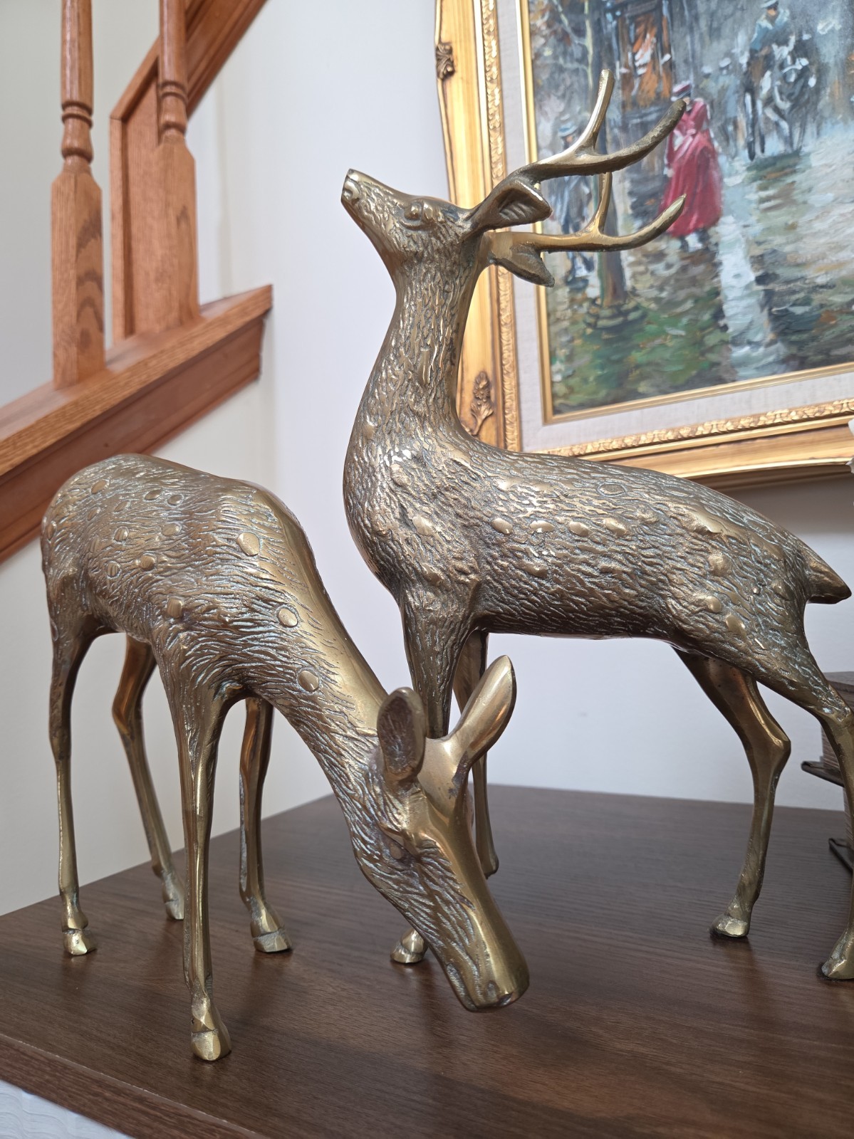 Vintage Large Brass Deer Pair Stag Buck Grazing Doe MCM Fallow Deer Figurines