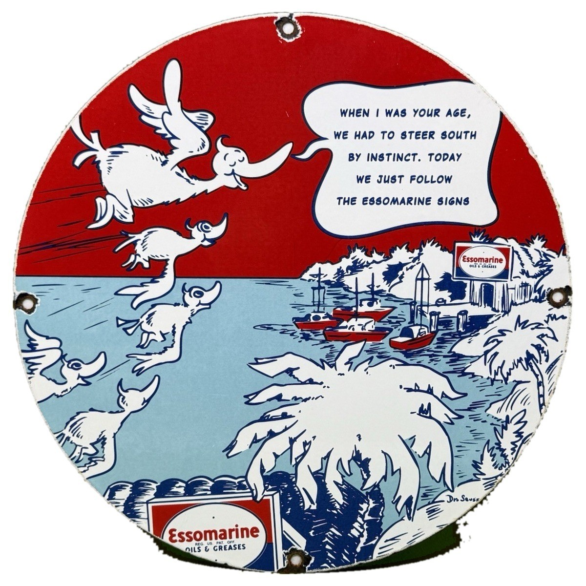 VINTAGE ESSO DR SEUSS PORCELAIN SIGN ESSOLUBE CARTOON WAVES GAS STATION MOTOR