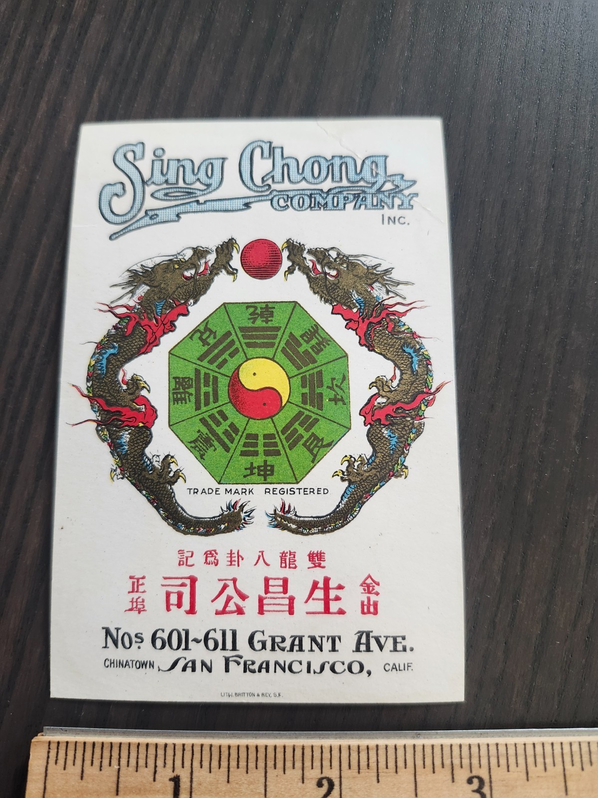 c. 1915 San Francisco California China Town Sing Chong Trade Card