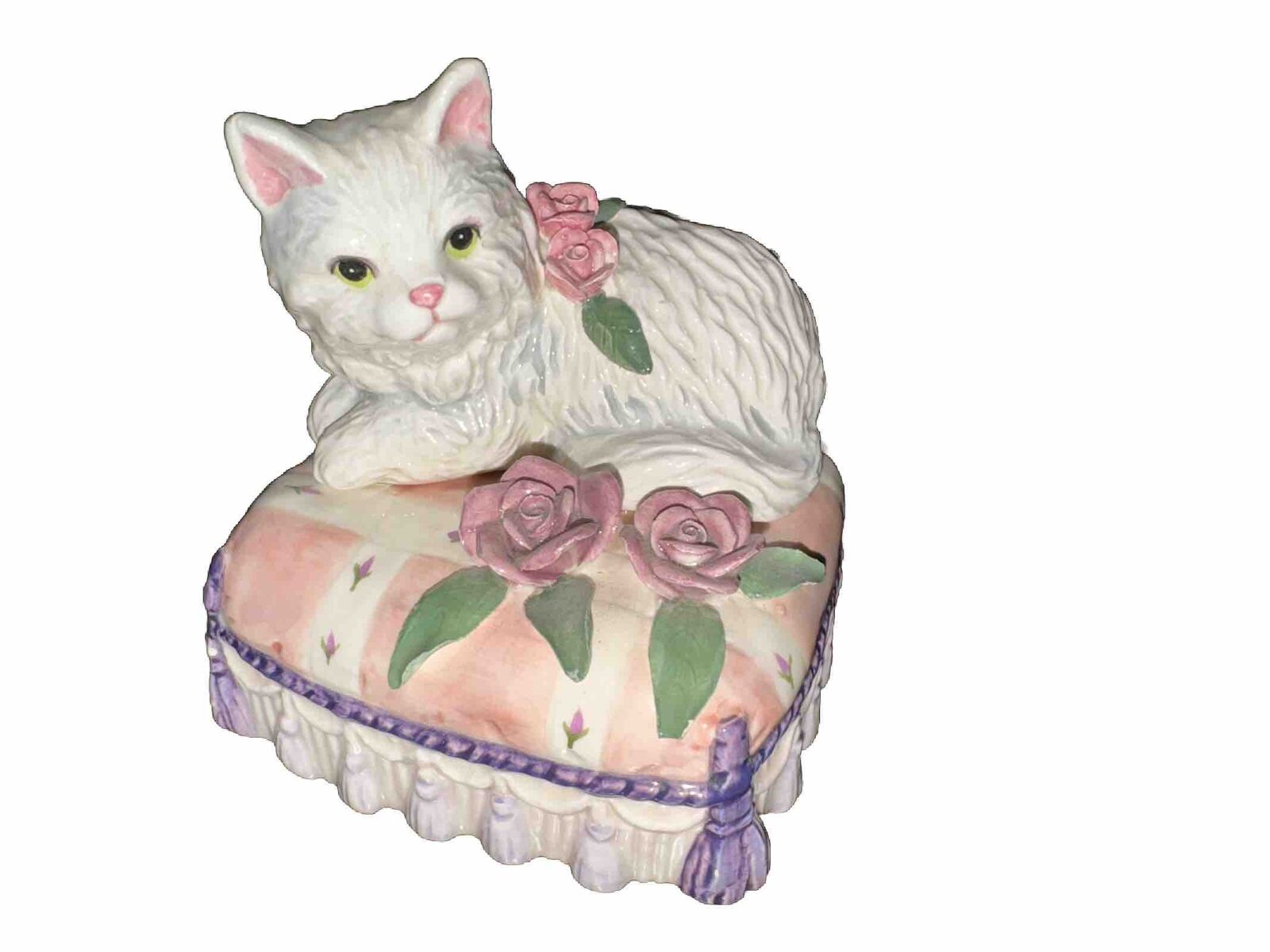 Schmid Yamada Persian White Cat Square Musical Figurine Box Cats Theme 1997