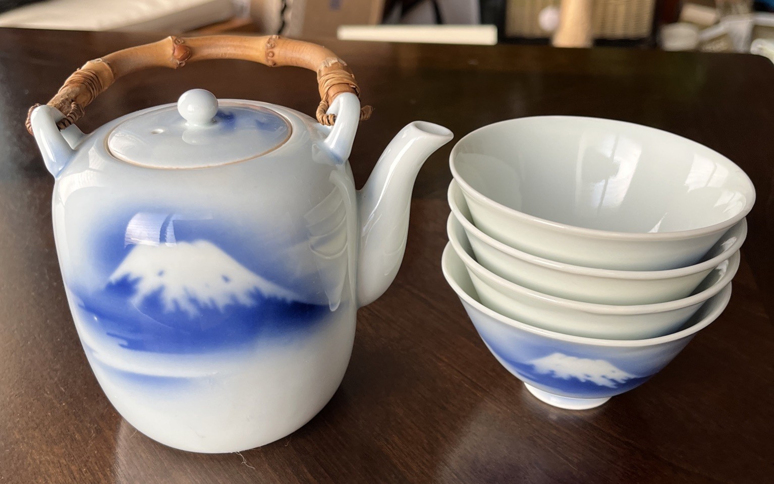 Rare Japanese Fukagawa Hand Painted Mount Fuji Teapot & 4 Cups Occupied Japan