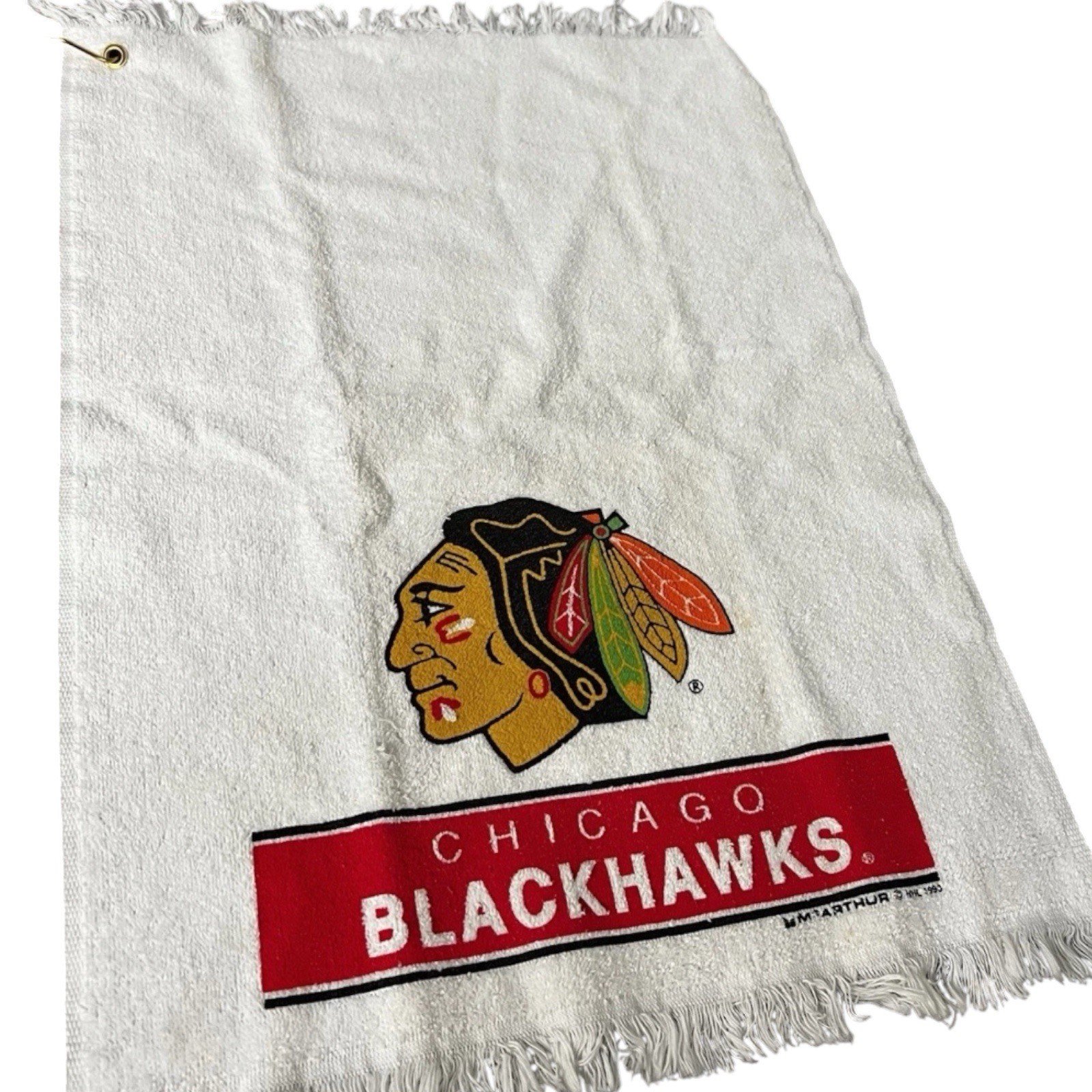 Vintage McArthur Golf Towel Terrycloth White Chicago Blackhawks Fringe 16\