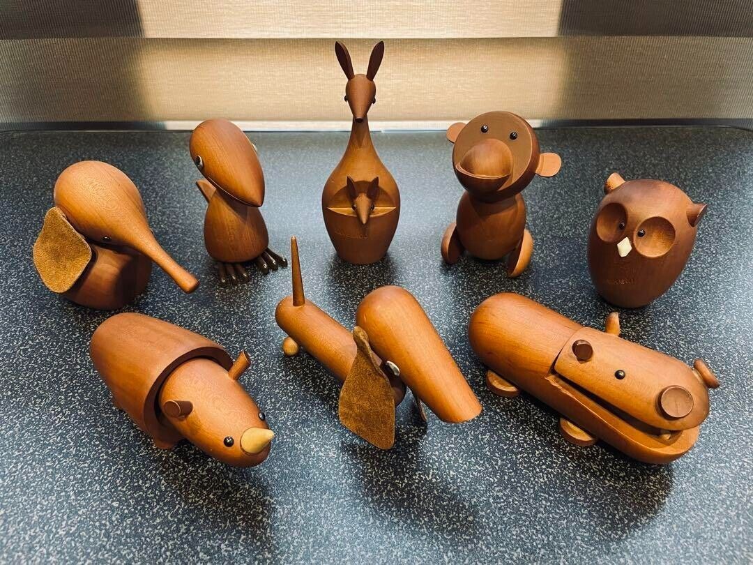 Senshukai Royal Pet Set of 8  Japanese vintage Wooden Animal Figurine Used