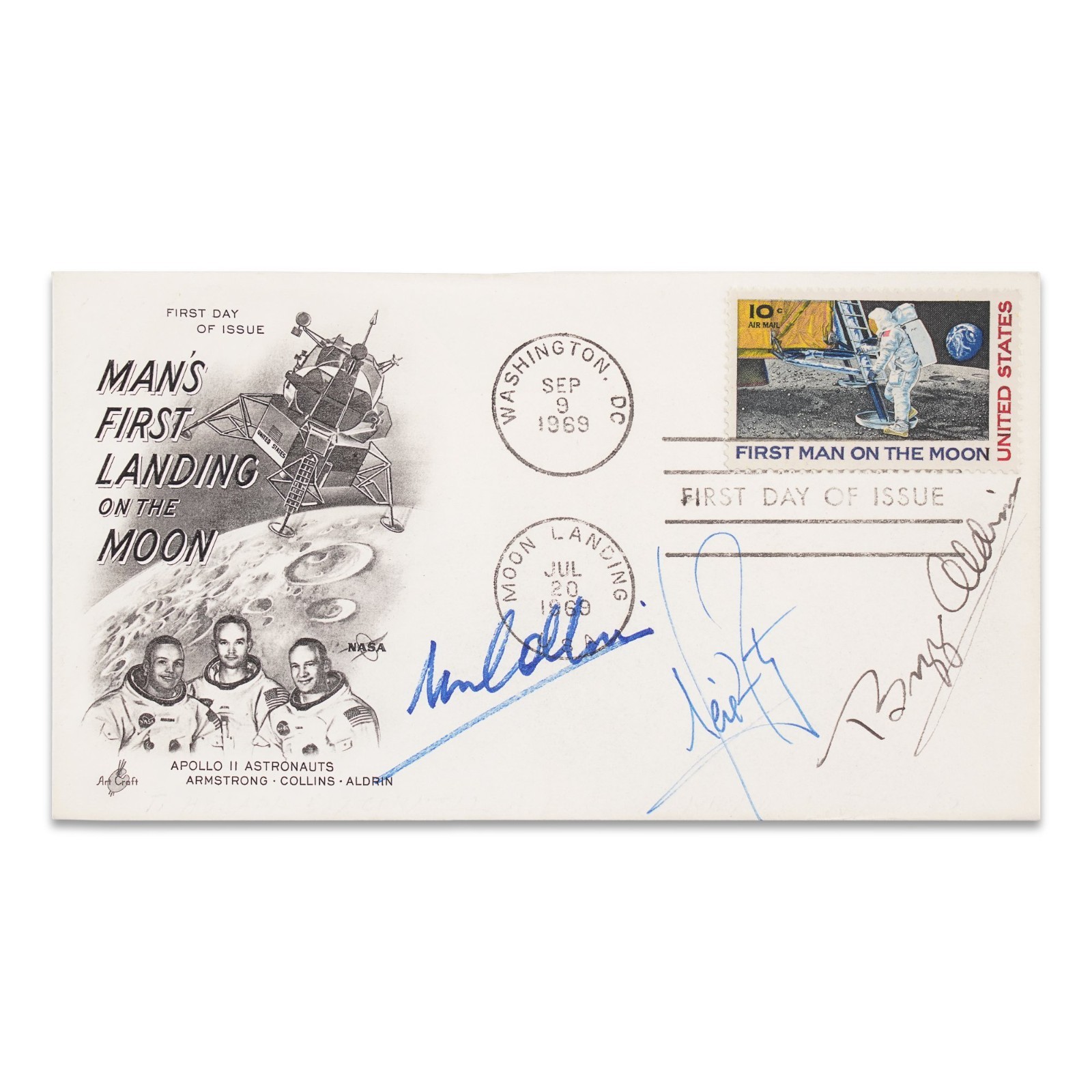 Apollo 11 Crew Signed 1969 Moon Landing First Day Cover Armstrong Aldrin COA