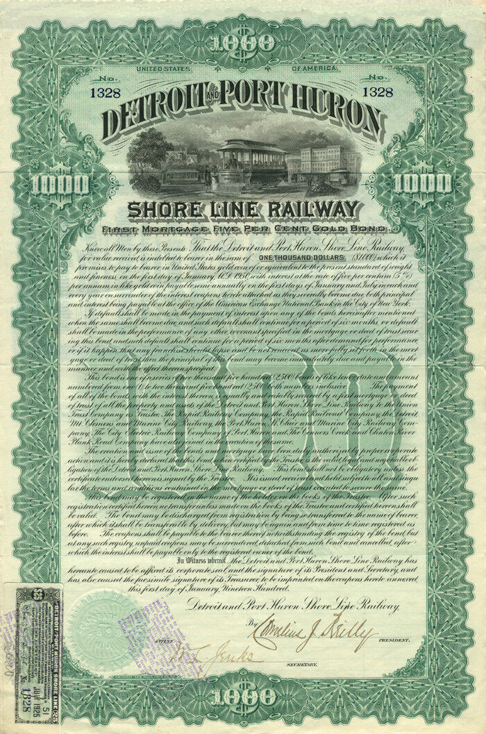 Detroit and Port Huron Shore Line Railway - 1900 dated $1,000 Railroad Bond (Unc