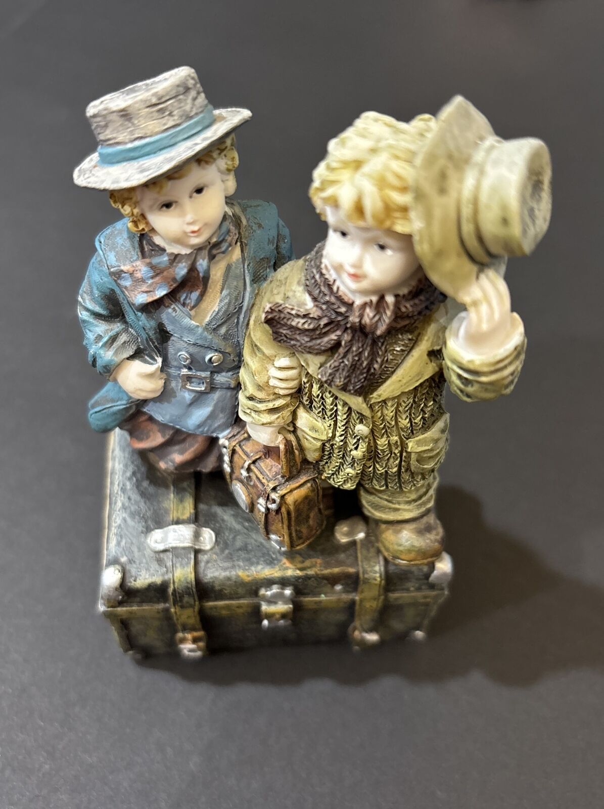 Traveling Children Figurine - 4” Tall - Suitcase Trunk Coat Wearing Hats