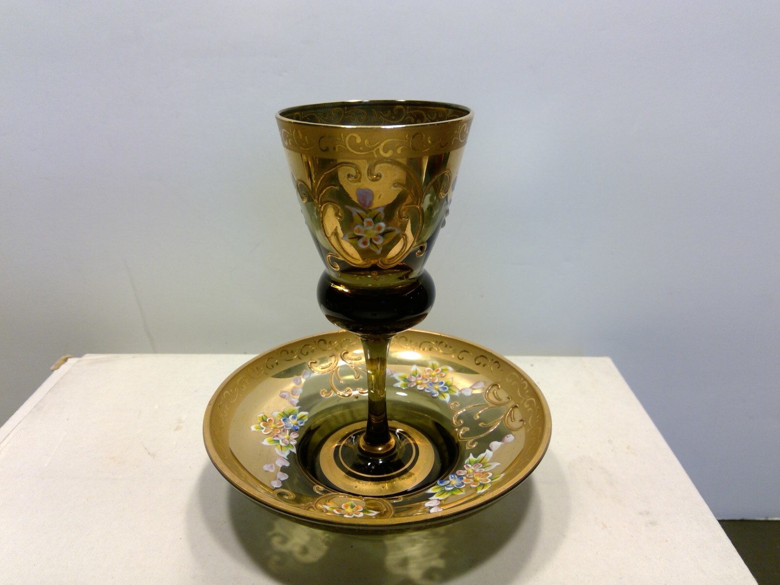 Ardalt Green Bohemian Style Glass W/ Applied Flowers Small Glass & Saucer
