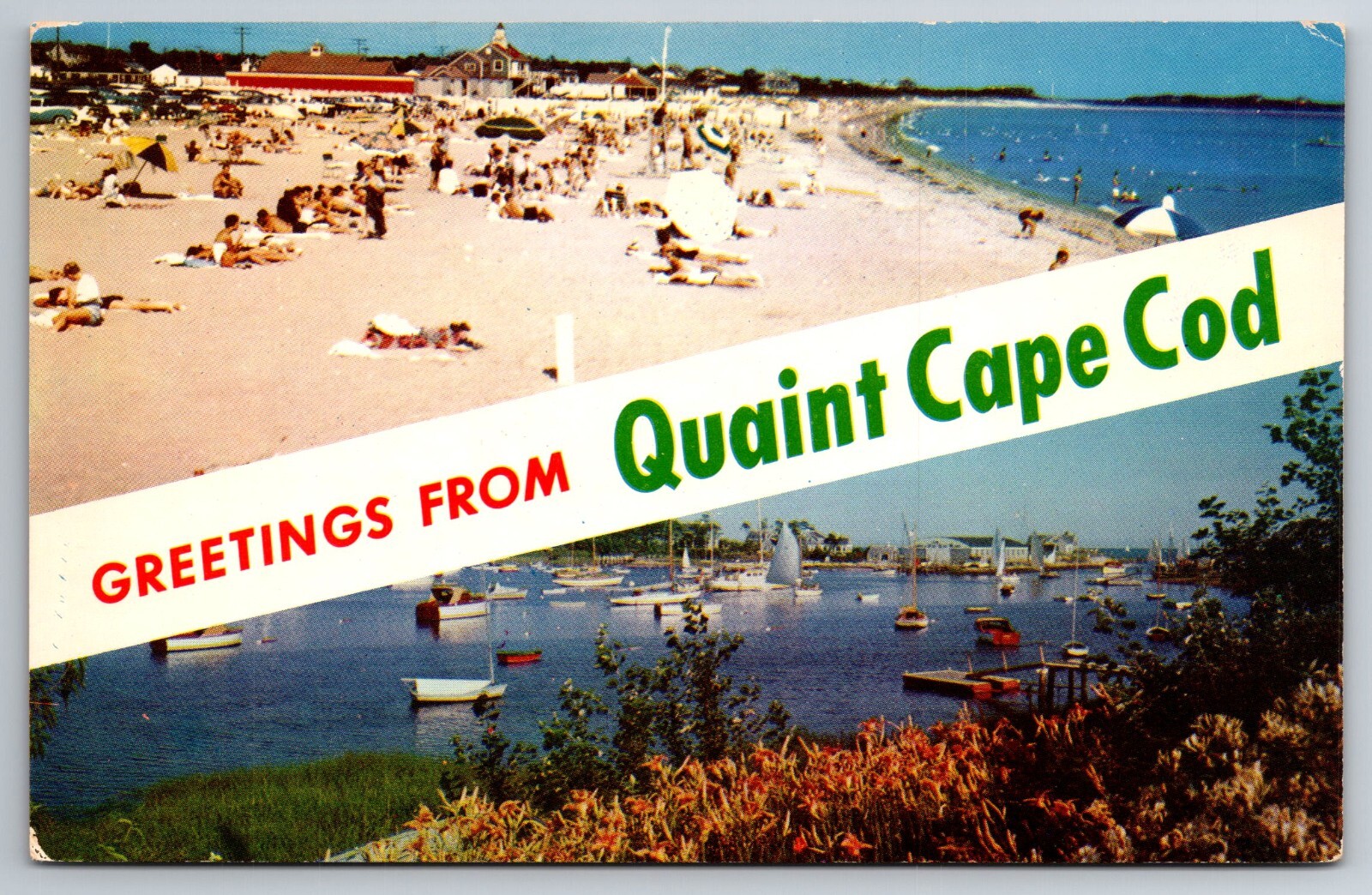 MA, Cape Cod, Greetings, Beach, Sun Bathers, Boats, Vintage Postcard