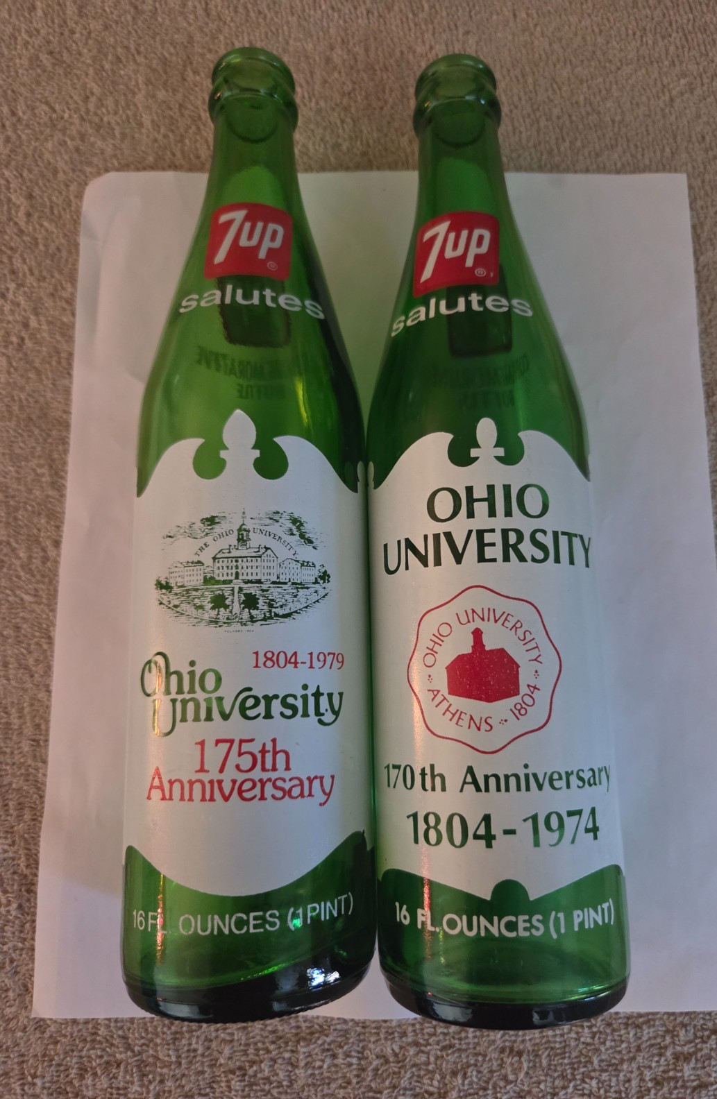 1974-1979 2 BOTTLE SET OHIO UNIVERSITY 7UP 16OZ.BOTTLES.