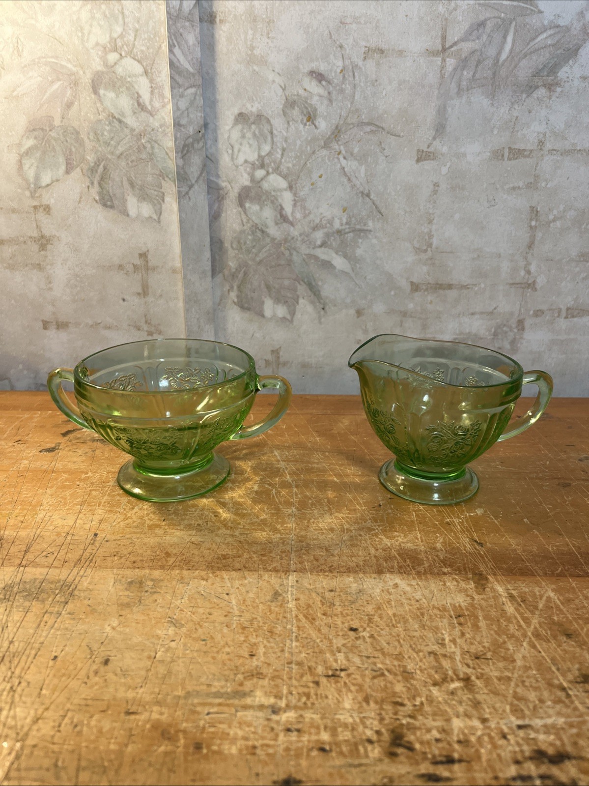Vintage “Sharon Cabbage Rose” Federal Green Depression Glass Cream & Sugar
