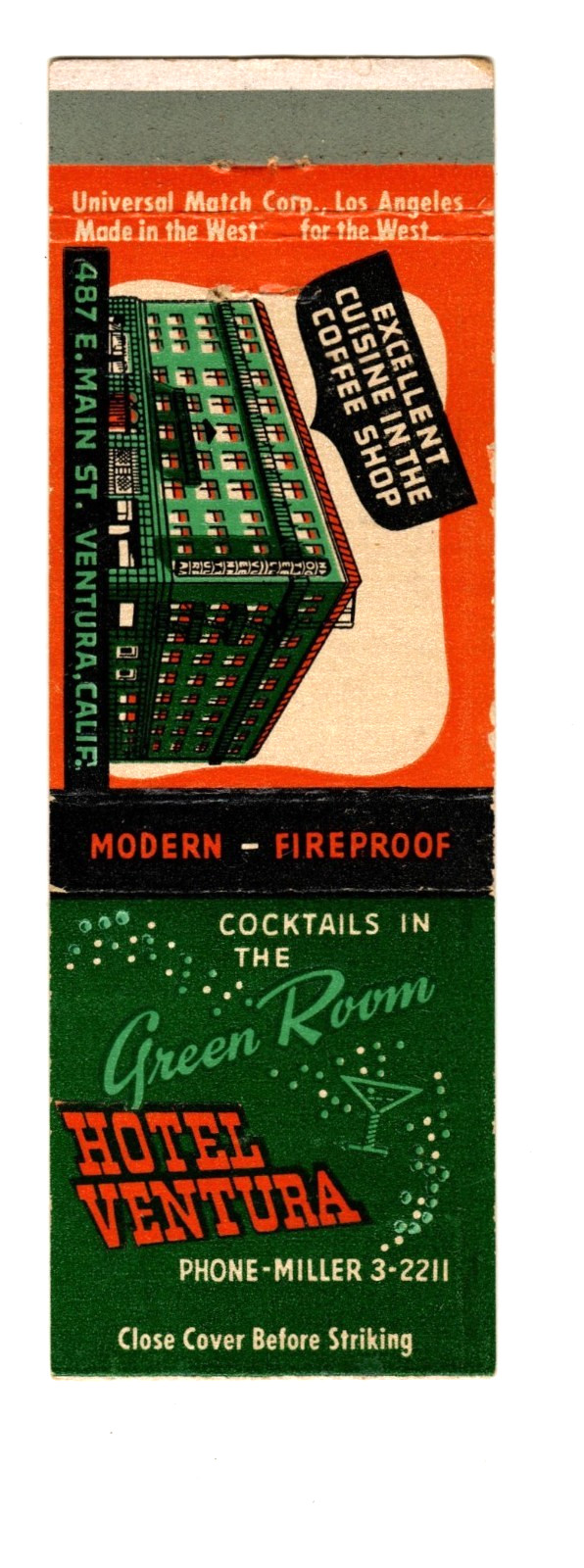 HOTEL VENTURA matchbook matchcover - GREEN ROOM  - VENTURA, CALIFORNIA