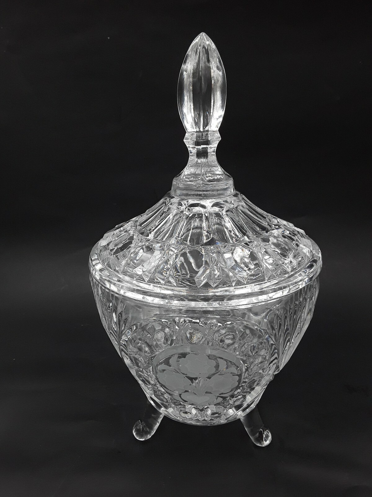 Vintage Three-Footed Candy Dish With Steeple Lid Cut & Etched Glass 10.5\